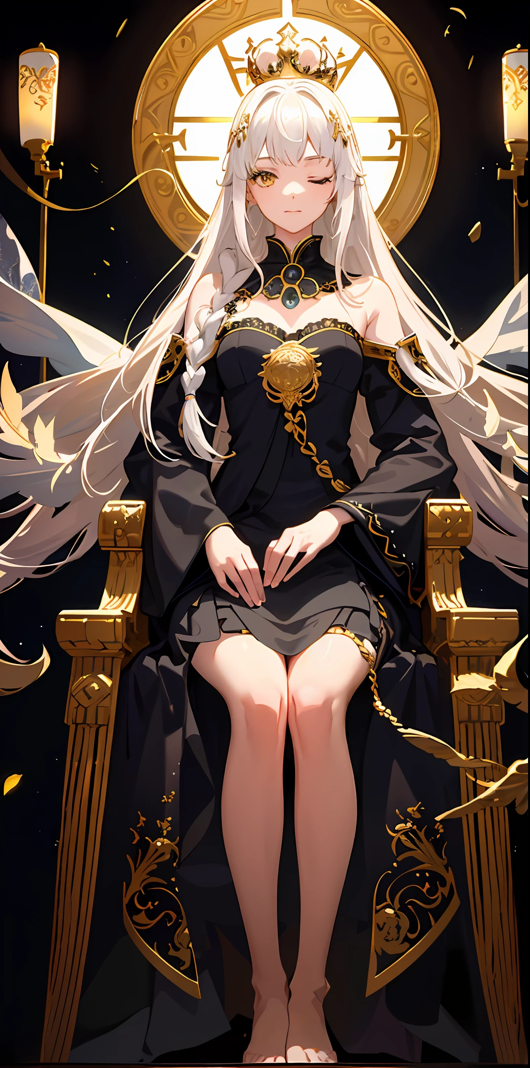 Best quality, masterpiece, (Adult: 1.6) Young merciless Japan queen, sitting on a throne, (make-up laughter: 0.4), arms behind the head, golden braided hair, shining eyes, Victorian sundress, particles of floating light, center, (masterpiece: 1.2), highest quality, (illustration: 1.2), (ultra detail), hyper detail, (delicate detail), (intricate detail), (cinematic light, highest quality backlight), clear lines, from below, soloist, perfect body, (1 girl), white hair and yellow eyes, (emperor, black see-through clothes), (crown: 1.1), sitting on a throne, eyes slightly closed, head bowed, (shy: 1.2), (makeup), high contrast, (best lighting, very creative and beautiful), (cinematic light), colorful,