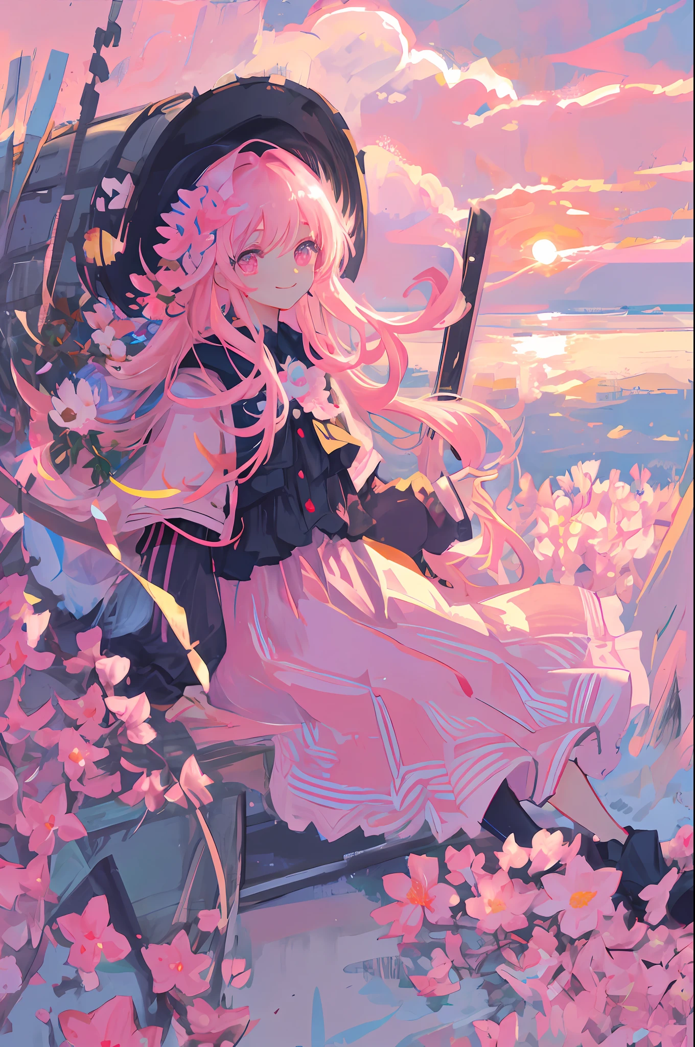 mksks, masterpiece, best quality, ultra-detailed, illustration, close-up, straight on, face focus, smile, colorfull, a background composed of flowers , pink sky, cloud-sky,girl with beatuifull eyes, cold face, looking at viewer