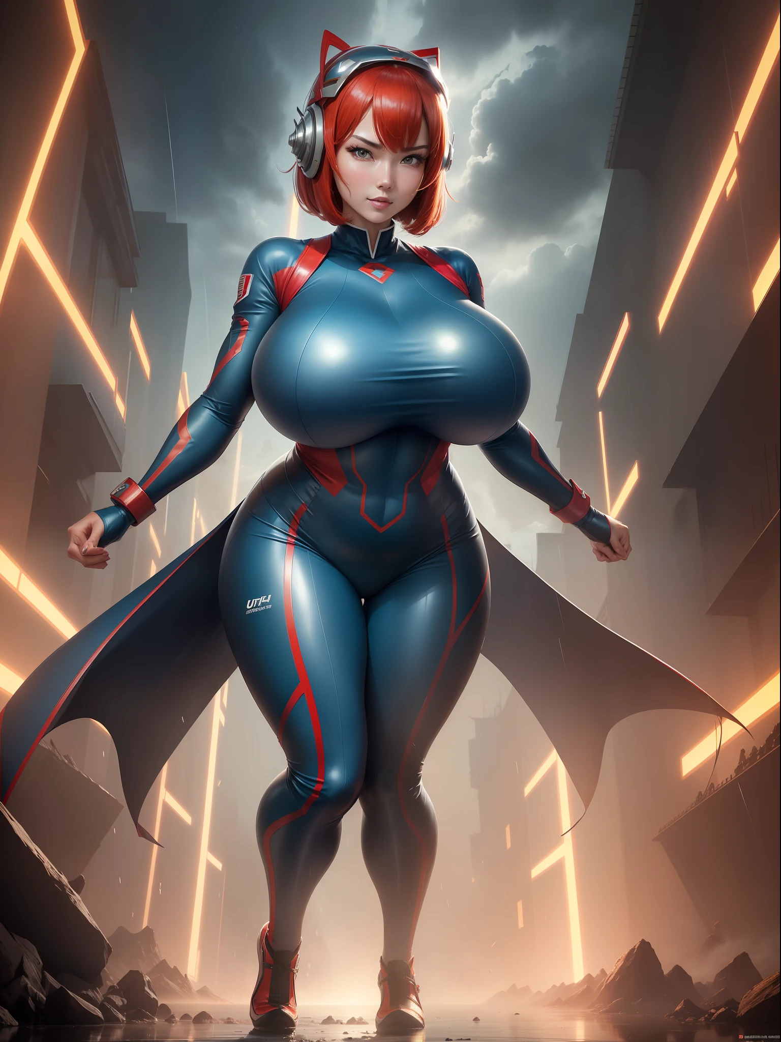 (Full body photo:1.5). ((Laura/giant/Chinese woman, this one standing)), (:1.8), (Wearing Ultraman costume/extremely tight on body/helmet on head:1.2), she's in a futuristic city in battle pose raining hard at night, she's got (red hair:1.0), (green eyes:1.0), she's looking at the viewer, smiling, holding futuristic weapons, closed fist, anime, framed, symmetry, 16k, best quality, super detail, textured skin, UHD