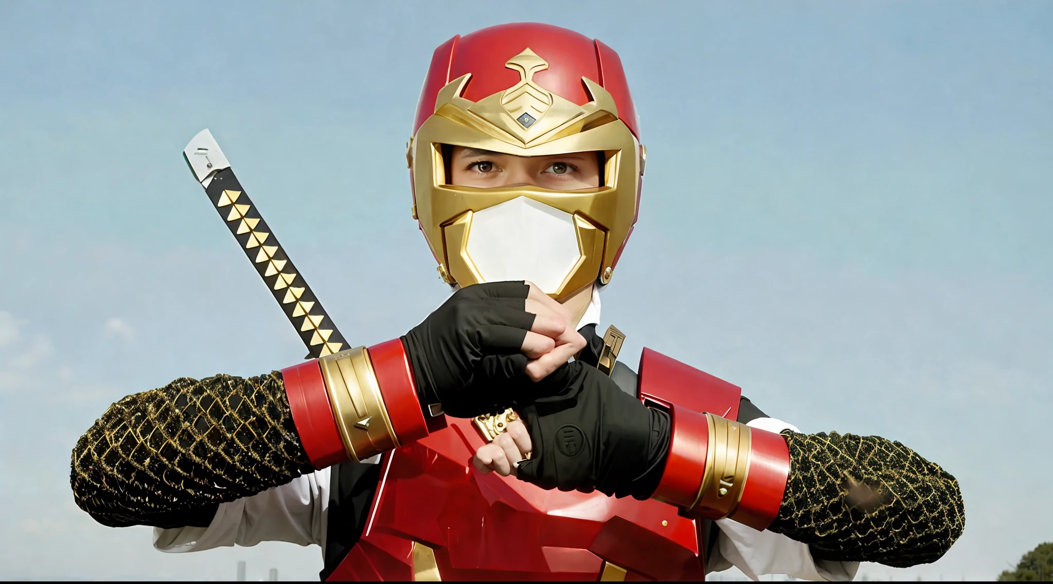 there is a man in a red and gold costume holding a sword, tokusatsu, the red ninja, kamen rider character, fujin, mk ninja, power ranger, toei, the secret seventh power ranger, kamen rider, inspired by Yasutomo Oka, ninja, hidetaka tenjin, inspired by Ryūsei Kishida