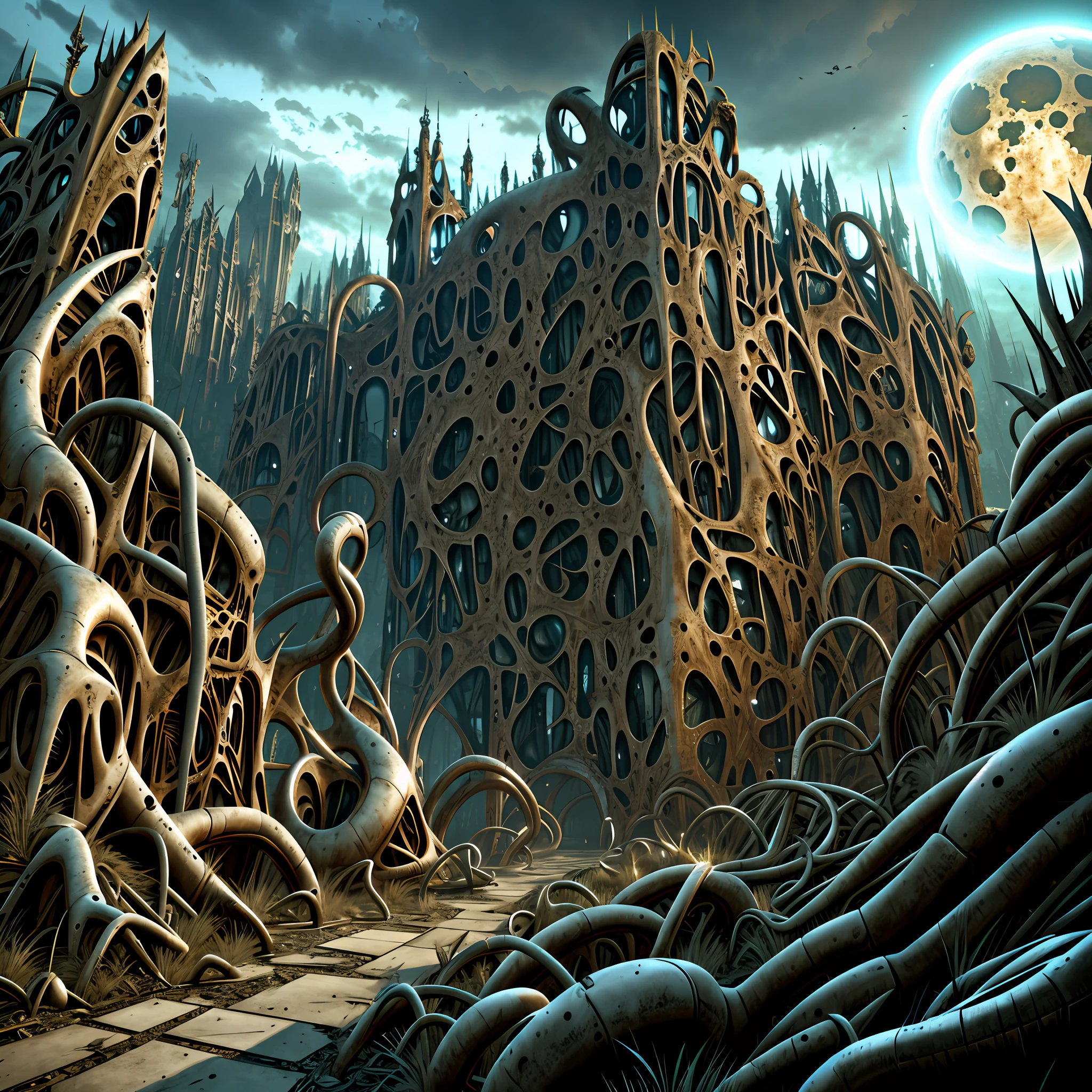 Biomorphic devastation. Horror art landscape in background. complex biomechanicals monuments, spiked walls, madness, artstation, uhd, unreal engine, line art drawing style.
