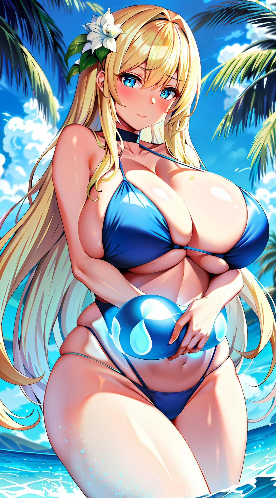 ((Colossal tits)) Big breasts Boobs (glowing blue eyes) Blonde White skin Long hair Bikini swimsuit Flower hair ornament (blush)