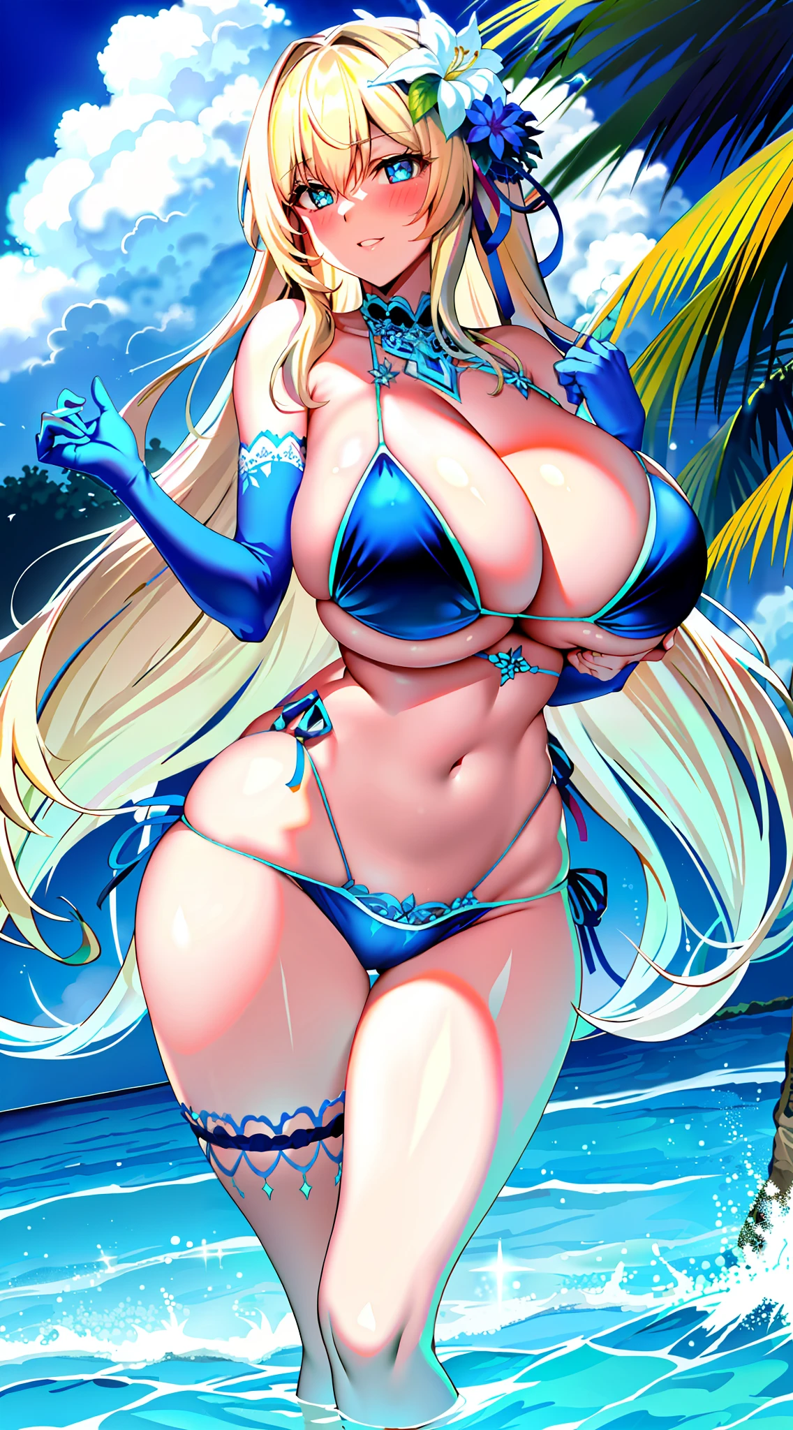 ((Colossal tits)) Big breasts Boobs (glowing blue eyes) Blonde White skin Long hair Bikini swimsuit Flower hair ornament (blush)