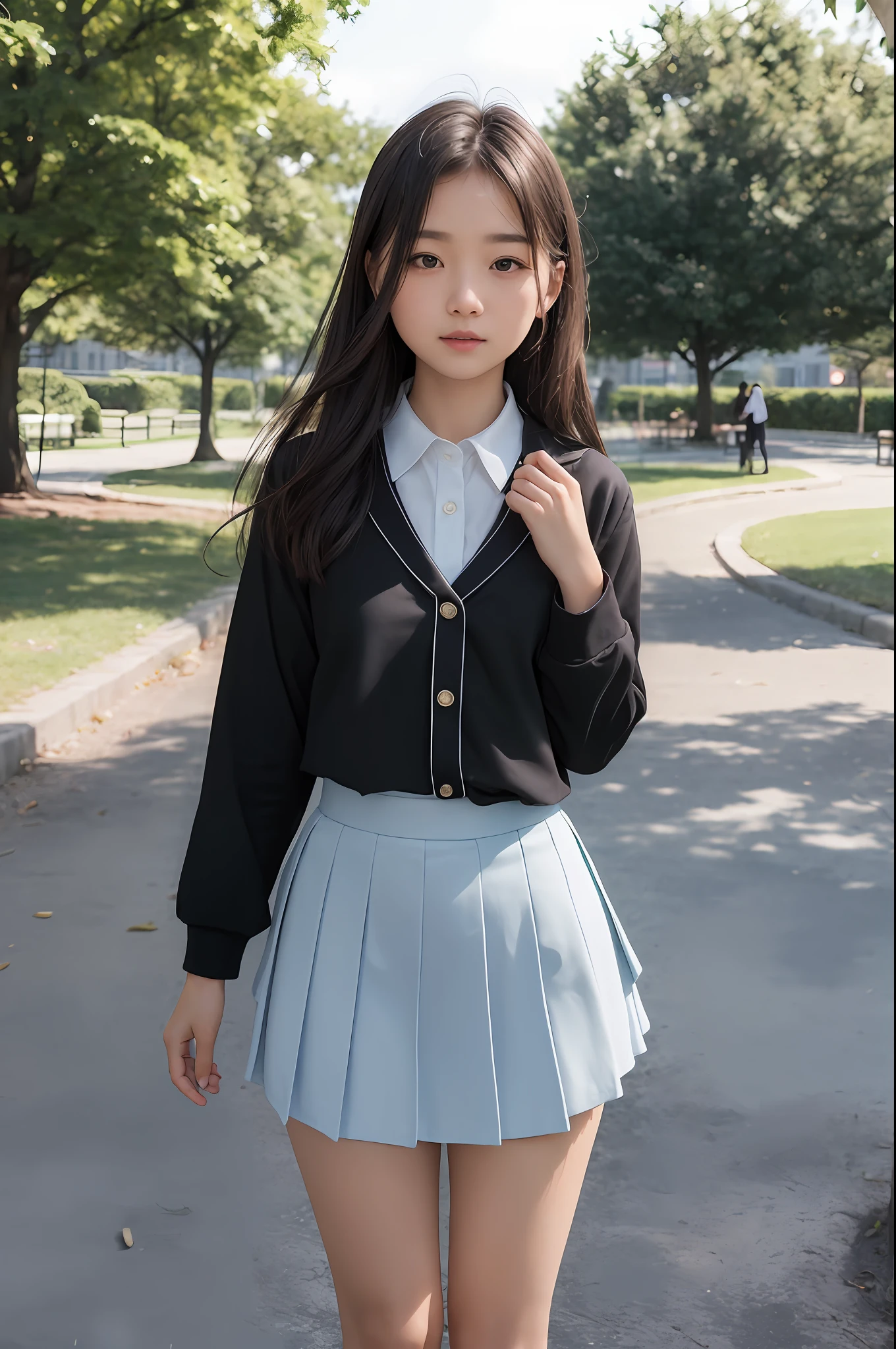 female, long hair, RAW photo, Bokeh (Realism: 1.4, Realistic), High Detail CG Uniform 8K Wallpaper, 1girl, ((Slim Figure: 1)), (Small Tits: 1), Facing Viewer with Your Back, ((Direct View from the Front)), (HQ Skin: 1.4), 8K Ultra HD, DSLR, Soft Light, High Quality, Film Grain, Fujifilm XT3, ((School Uniform, Short Skirt)), ((Outdoor, in the Park)))) Zhang Zhu, Portrait, ((Layered Hairstyle, Black Rental, Small Breasts: 1.2)), (Viewer: 1.4), (Full Body: 1.4)