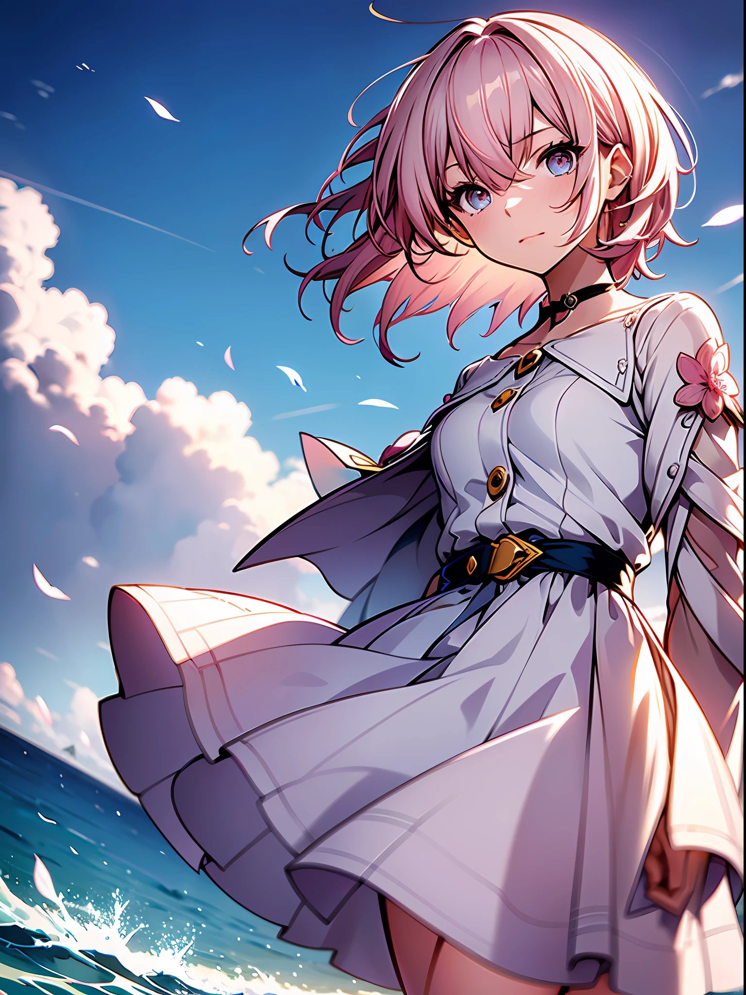 Exquisite masterpiece, best quality, illustration style, an anime girl with pink hair, short and medium hair, sweet expression, pink: blue 2:1 eyes, small, casual dress, white dress, hem blown by the wind, youthful and beautiful, dynamic posture contains the golden section, large aperture portrait, picture white, strong contrast between light and shadow, super texture, the picture is super clear and concise, presenting extremely beautiful, elegant temperament, a variety of delicate facial expressions, background blur, radiant, seaside