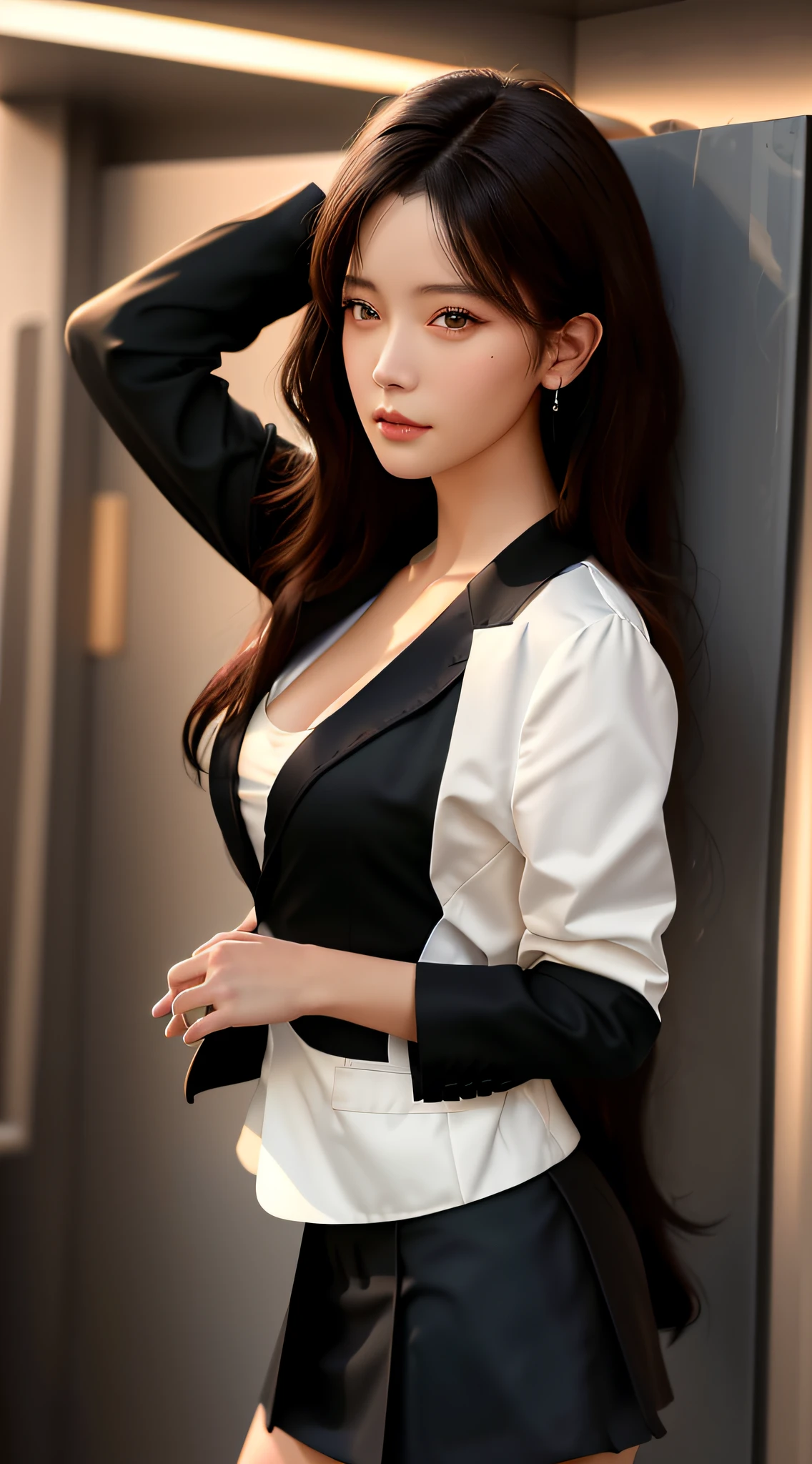 best quality, masterpiece, 1girl, Beautiful face, (photo realistic:1.3), rim lighting, (high detailed skin:1.2), 8k uhd, dslr, high quality, high resolution, 4k, 8k, Bokeh,  absurdres, best ratio four finger and one thumb, (realistic:1.3), cute 1girl, wearing black formal blazer, medium breasts, short skirt,