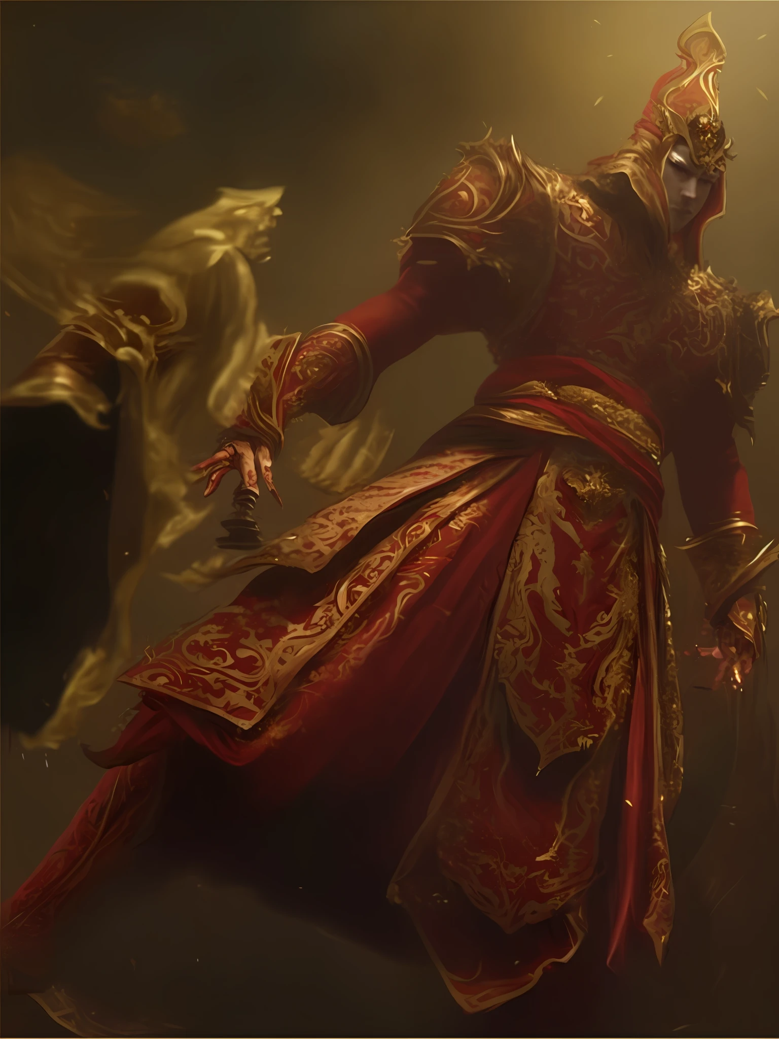 a man in a red and gold outfit holding a sword, wearing gilded red robes, wearing gilded red royal robes, diablo digital concept art, red and gold sumptuous garb, diablo concept art, red robes, epic exquisite character art, by Jeremy Chong, inspired by Huang Shen, ornate flowing robes, the god emperor of mankind, by Yang J, wearing gilded robes