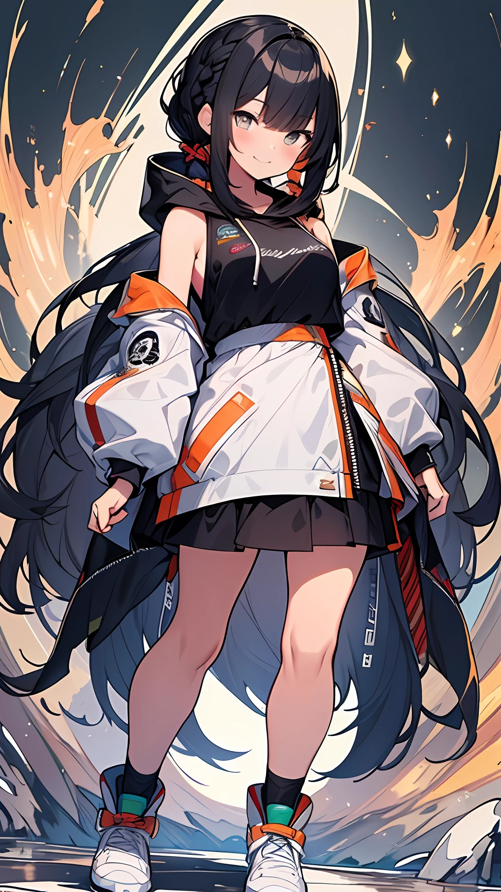 Top Quality, Masterpiece, High Resolution, 8k, Hoodie and Anime Style Girl, One Girl, Detailed Line Art, Bright White and Bright Amber Styles, Digital Enhancement, Close Up, Anime Core, Flowing Fabric, Short Braids with shoulder-length hair, Beautiful Black Hair, Big Smile, Full Body Angle