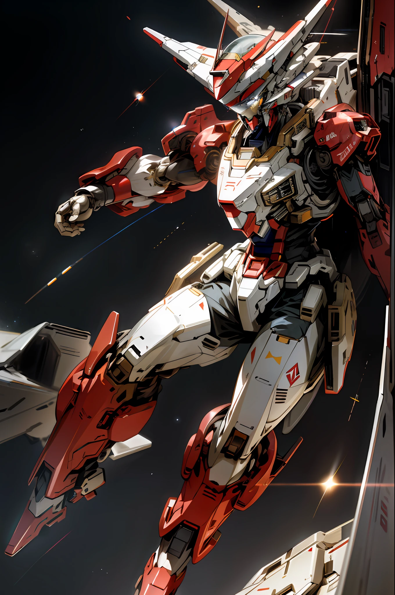 mecha, red gundam, frontal, galactic background, fly in space, cool design, 8k, detail view, full body, symmetry