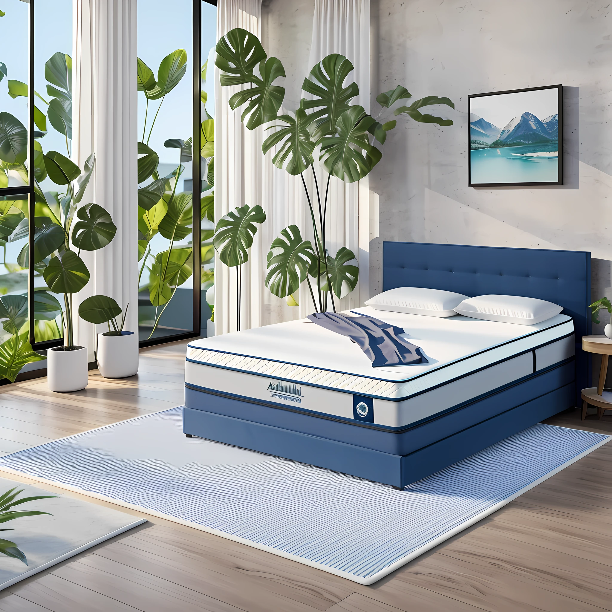 Alafeld mattress, pillow, oblique viewing angle, 3D product rendering, casual scene, plant decoration, realism, high quality, 8K, very realistic