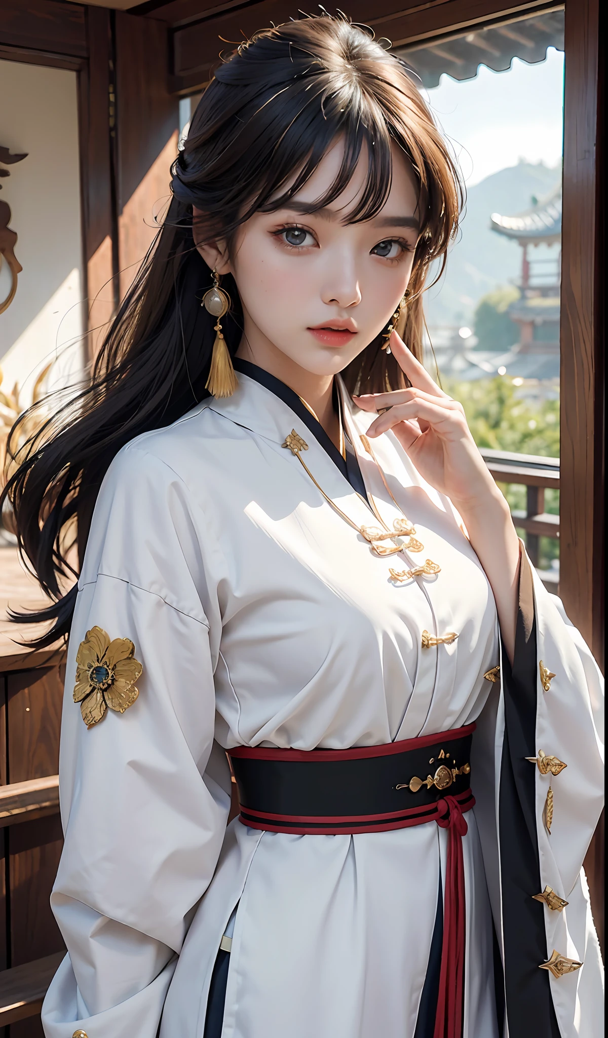 Masterpiece, best quality, super detailed, illustration, close-up, direct vision, face focus, 1girl, brunette hair, calm expression, looking at the viewer, (yelan (genshin impact): 1.4), white jacket, tassel, best quality, master, highres, wuxia 1girl, China dress, super beautiful face, super beautiful eye, super beautiful hair Super beautiful face, super beautiful eyes, super beautiful hair