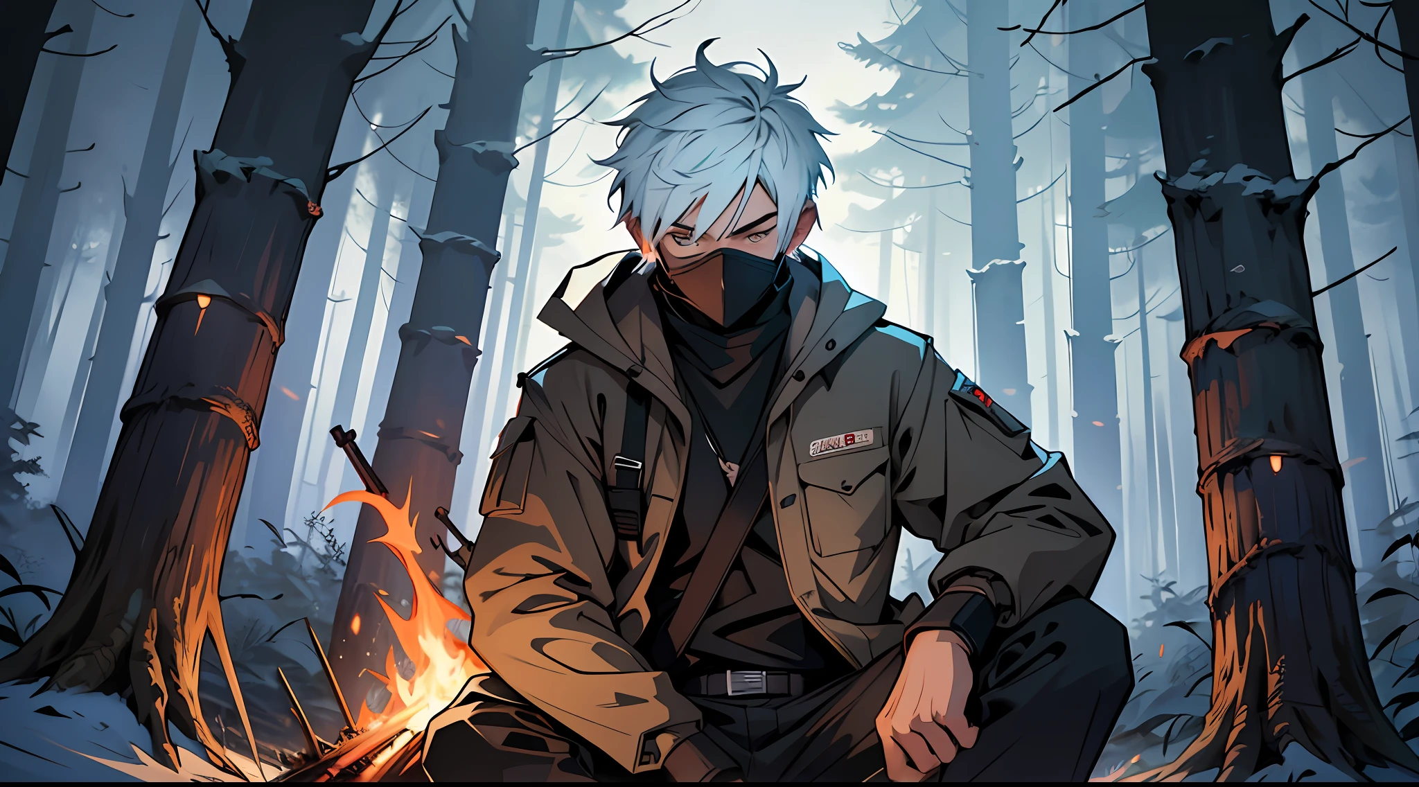 A young man wearing a white mask with no expressions. He's sitting by a campfire holding a rifle. Setting of dense forest and night. Complex art style similar to anime, with thick strokes and colors with little saturation. Elements of terror and predominant color of black art. --auto --s2