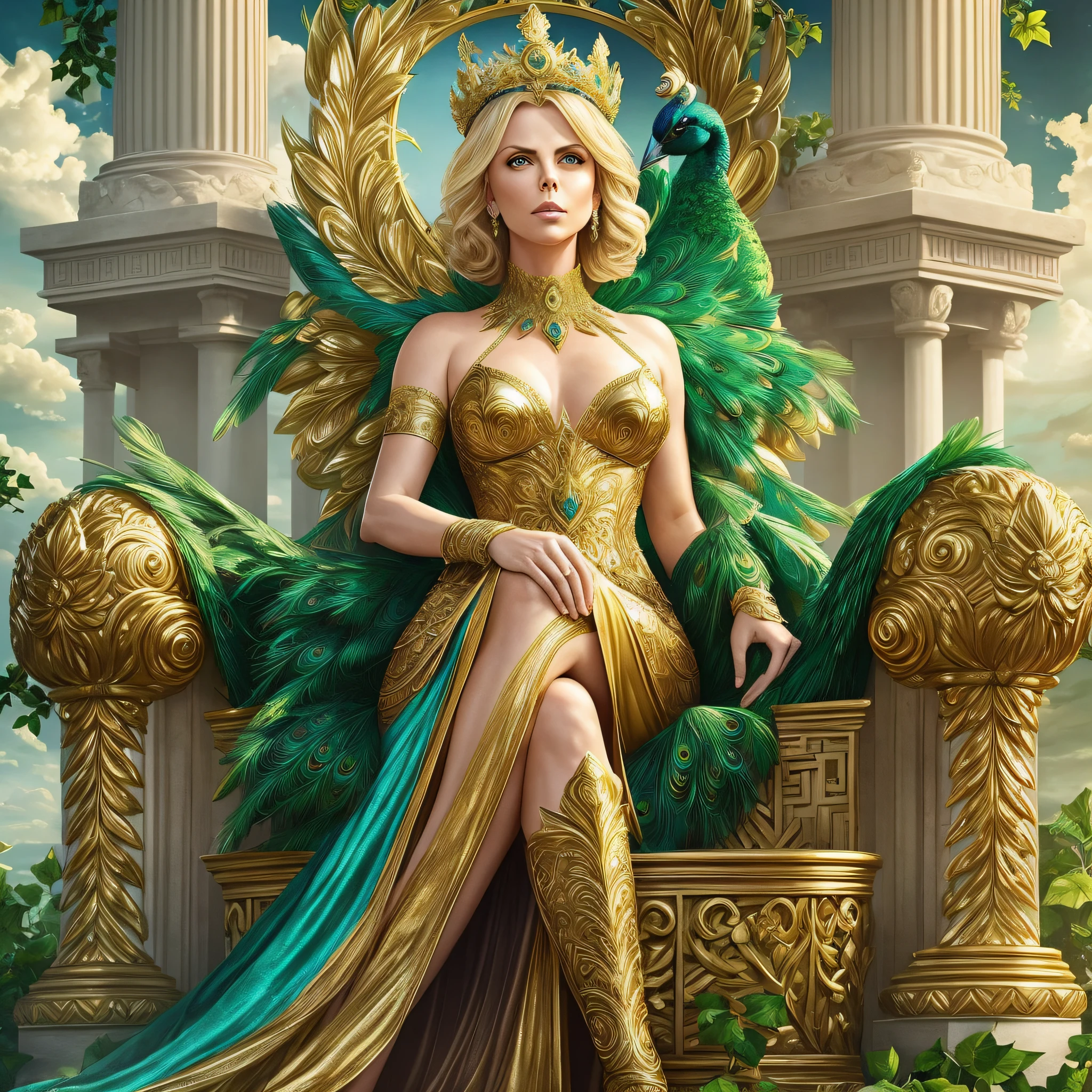Create the ivy goddess with the appearance of actress Charlize Theron, seated on a throne with her legs crossed imposing, with clouds in the background, wearing a beautiful dress with peacock plusmas, with golden ornaments and a flashy Greek crown, with realistic image, full body --auto --s2
