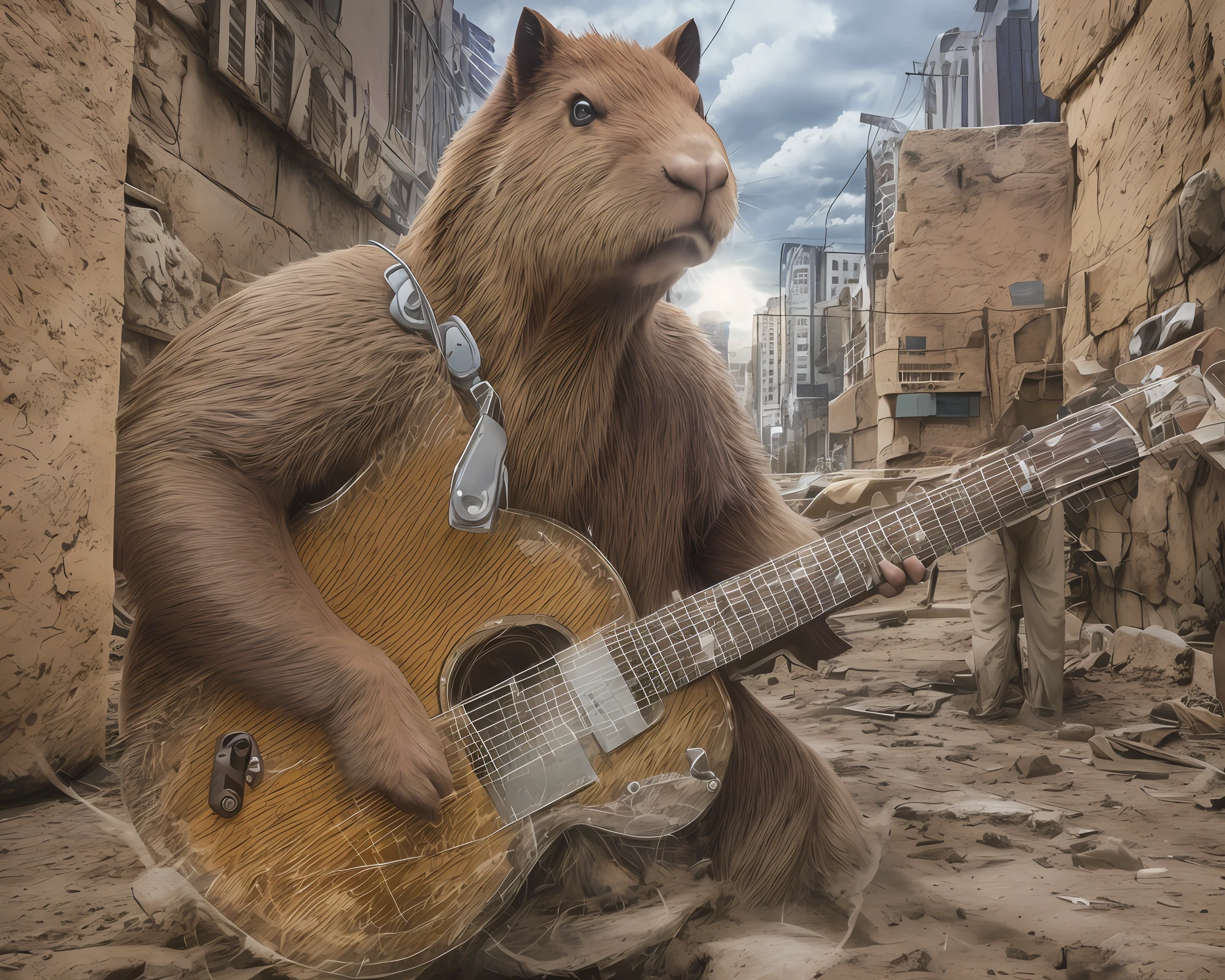 /Imagine: Capybara playing guitar, action movie style, pos apocalyptoca city background, ultra realistic, 8k, uhd, severe low lighting, high quality, sharp focus, fujifilm XT3 --auto --s2