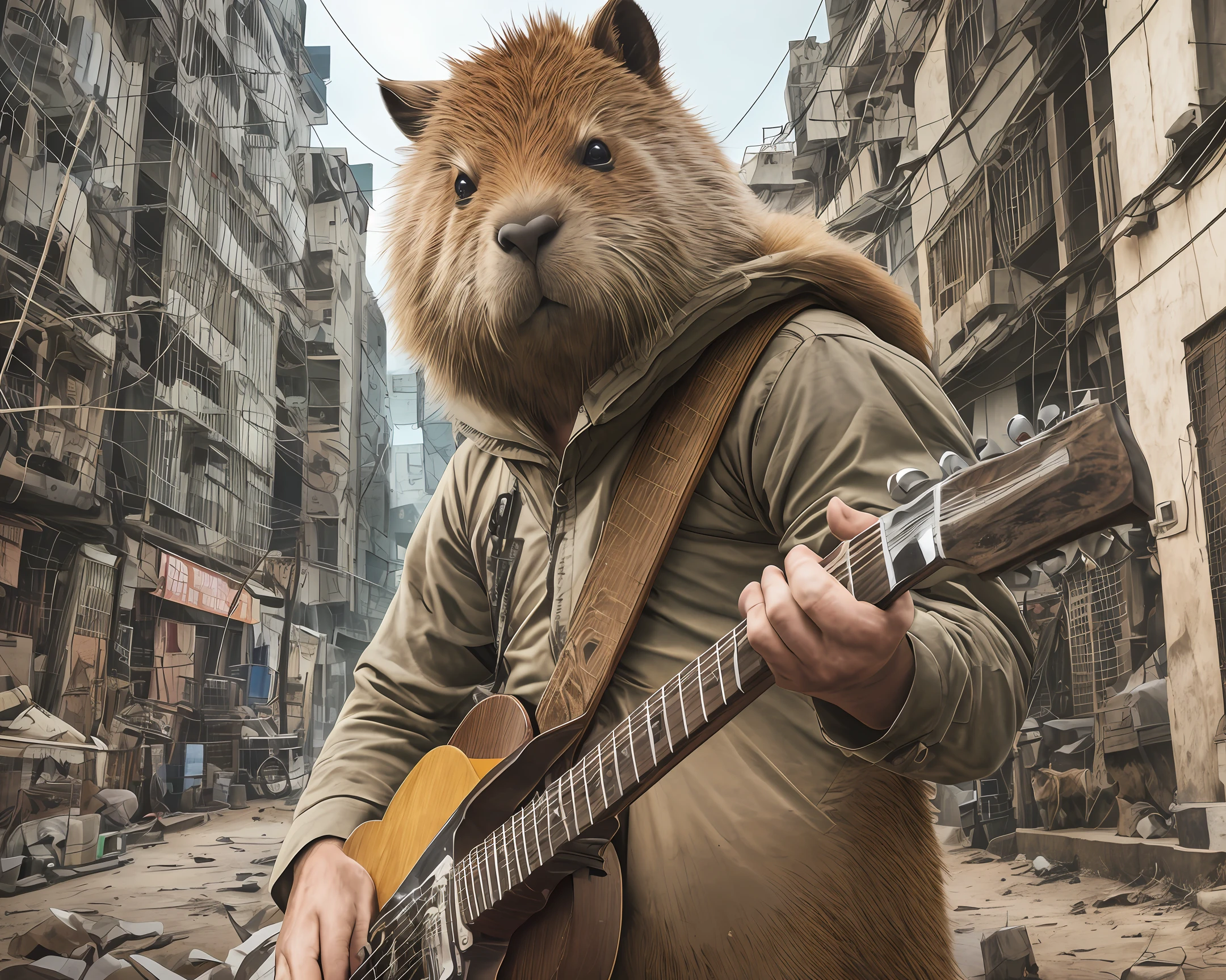 /Imagine: Capybara playing guitar, action movie style, pos apocalyptoca city background, ultra realistic, 8k, uhd, severe low lighting, high quality, sharp focus, fujifilm XT3 --auto --s2