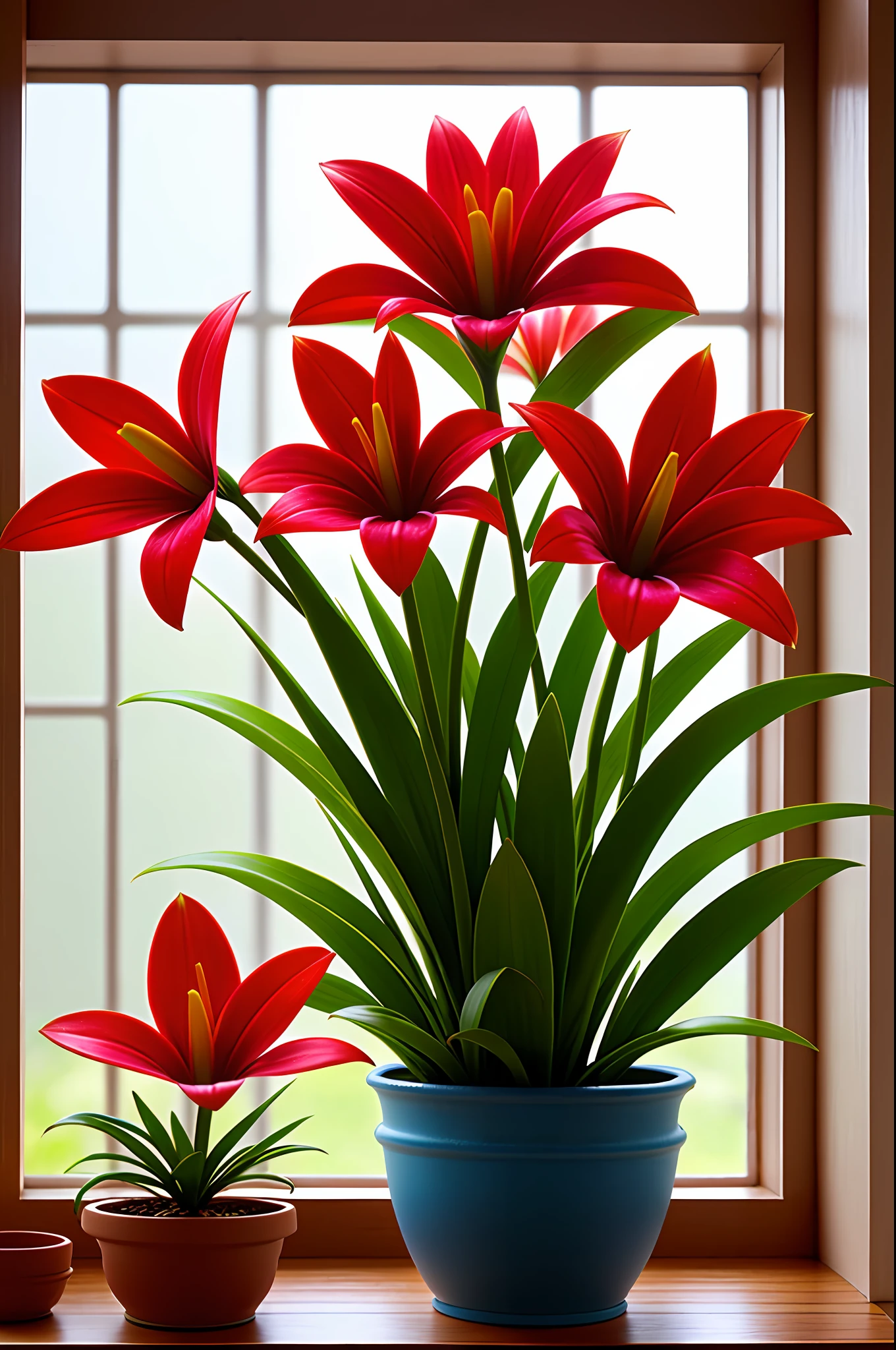 clay pot, colorful lily flowers, window where sunlight comes in, blank background, lots of details, high quality, 8k,