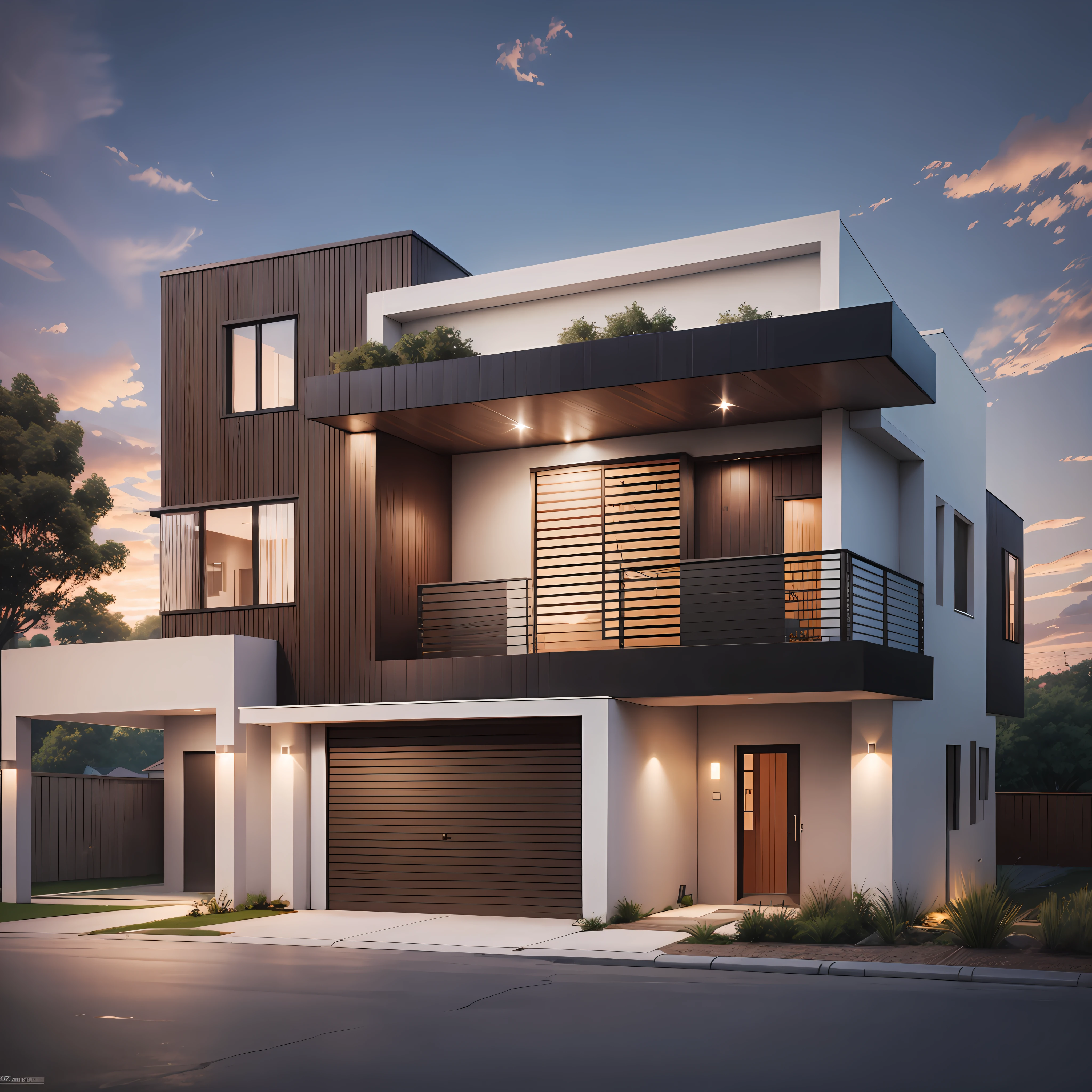 modern house, with wooden details, with garage, dusk, V-ray 32k --auto --s2