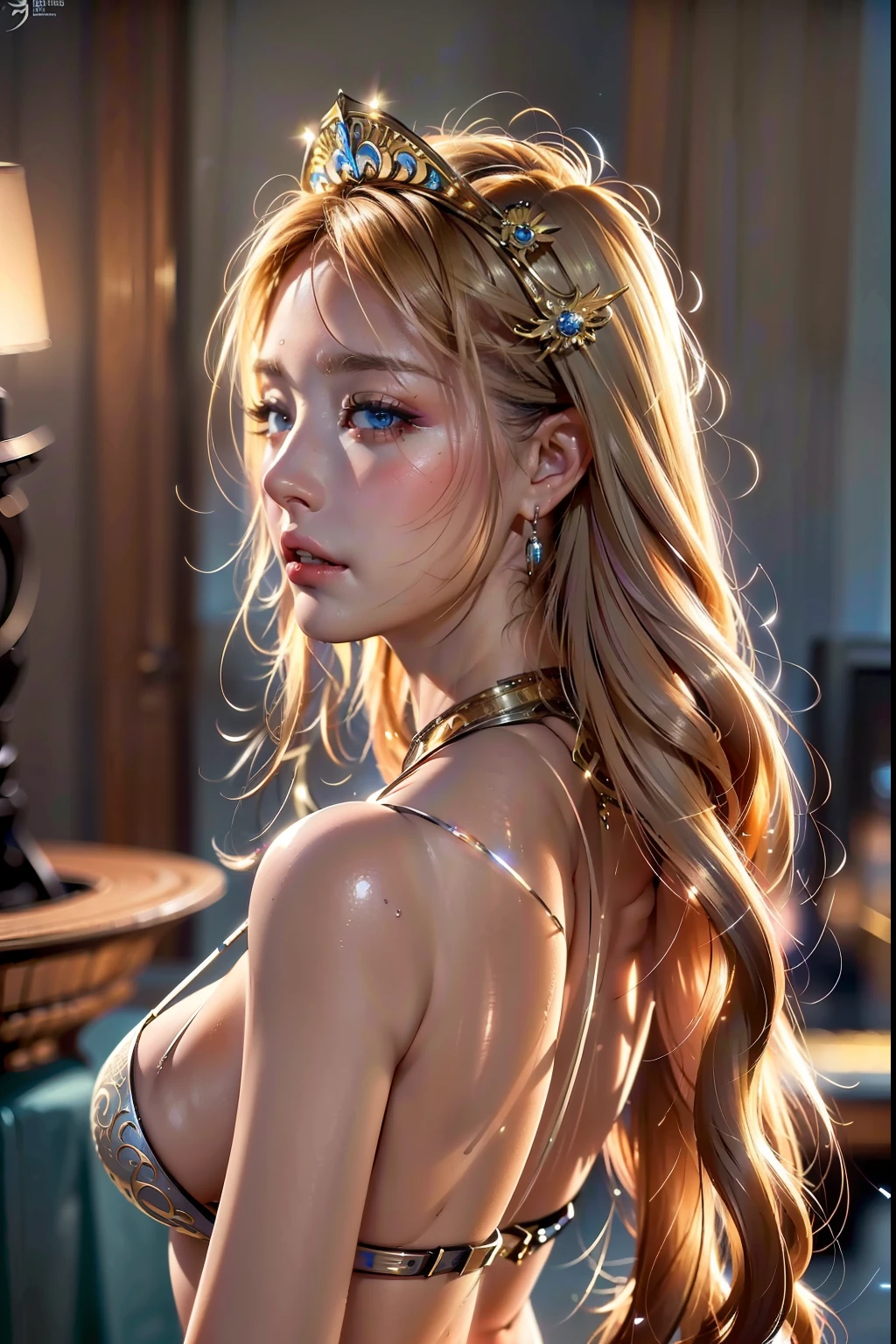 ((Best Quality, 8k, Sharp Focus, 35mm Lens, Masterpiece: 1.2, Cinematic Light, Ultimate Girl, Highly Detailed Facial Textures, Highly Detailed Facial Textures, detailed beauty makeup: 1.2, ultra-detailed skin, detailed bangs)), The background of night the mountain, (iron bikini armor), (iron shoulder armor), (circlet helmet), 27 years old, detailed divine pale blonde hair, long wavy messy hair, wind, light fog, devil's castle, beautiful detailed deep blue eyes, sense of determination Courageous face, final battle, absurdity, from side, high detailed sweat