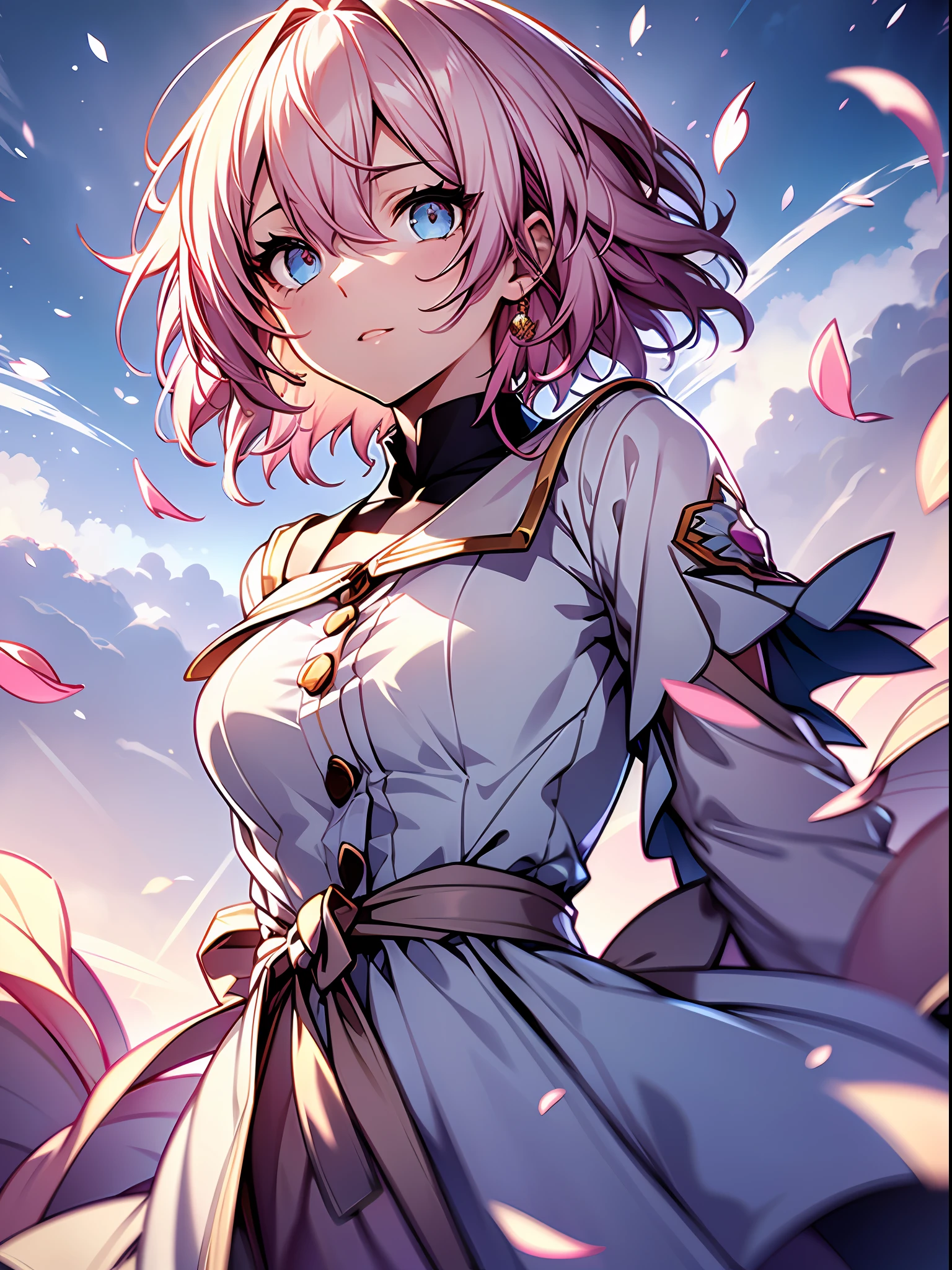 Exquisite masterpiece, best quality, illustration style, an anime girl with pink hair, medium and short hair, sweet expression, powder-blue gradient eyes, small, casual dress, white dress, hem blown by the wind, youthful and beautiful, dynamic posture contains the golden section, large aperture portrait, picture blank, strong contrast between light and shadow, super texture, super clear and concise picture, presenting extremely beautiful, elegant temperament, a variety of delicate facial expressions, background blur, radiant, outdoors, petals falling