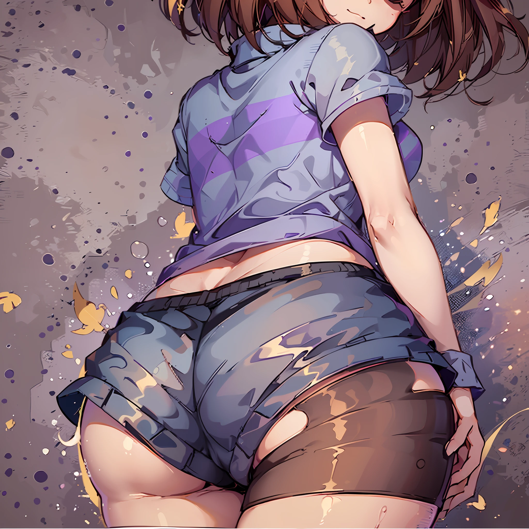 1girl, solo, best quality, masterpiece, simple background, simplistic background, minimalist background, detailed, cowboy shot, Undertale Frisk, brown hair, brown shorts, bob cut, short hair, black pantyhose, blue shirt, purple stripes, closed eyes, striped, striped shirt, from behind, wide hips, butt, large butt, huge ass, suggestive
