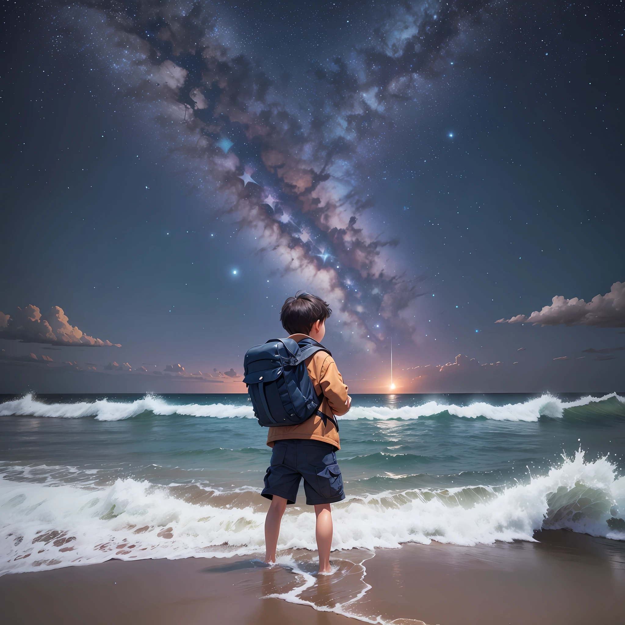 Starry sky, slow flying night Little boy with backpack goes out to sea on a wandering adventure sailboat --auto --s2