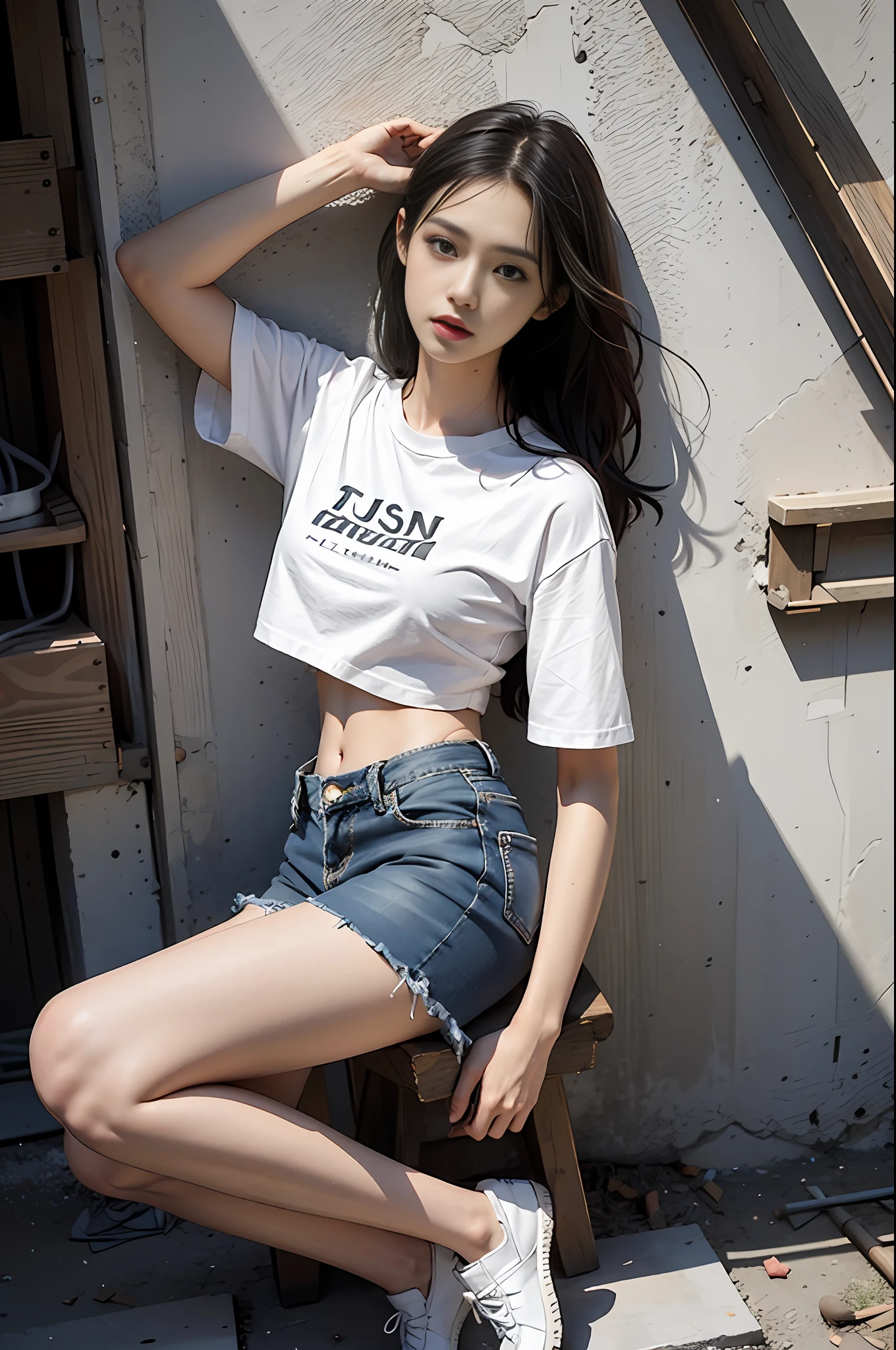 Girl in white shirt and tight denim skirt posing for photo, full body, legs spread, cut t-shirt, bra, slim body, small bust, slim girl model, 24 year old female model, lying on construction site, group of black men watching