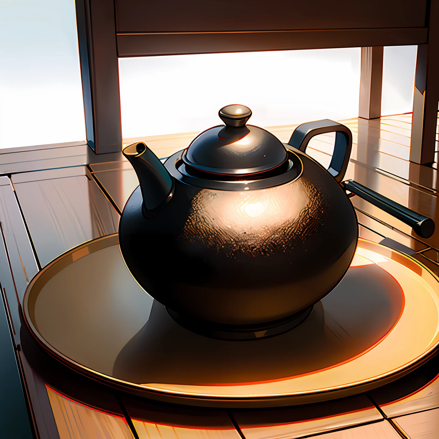 There is a teapot sitting on a tray with handles, a large black kettle on the hearth, a kettle, inspired by Sesshū Tōyō, a teapot, inspired by Shomon Tensho, a teapot: 1, high poly vray rendering, Japanese pottery, high poly vray, vray shadow, Japanese tea ceremony style, delicate texture, product photography style, interior lighting