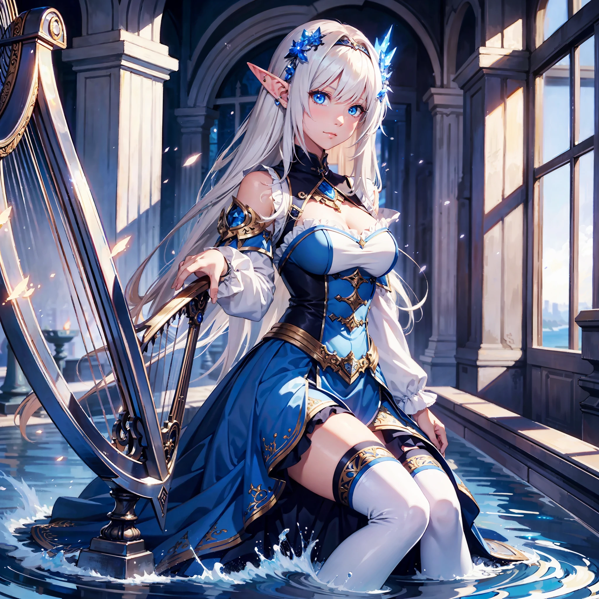 masterpiece, best quality, 1woman, adult, female focus, solo, medium white hair, vibrant blue eyes, looking at viewer, High quality metal texture, closed mouth, bangs, high collar,(kbxll:0.6), Fantasy aesthetics, Highly detailed, shadowverse style, harp with water elemental power, elf ear, goddess dress