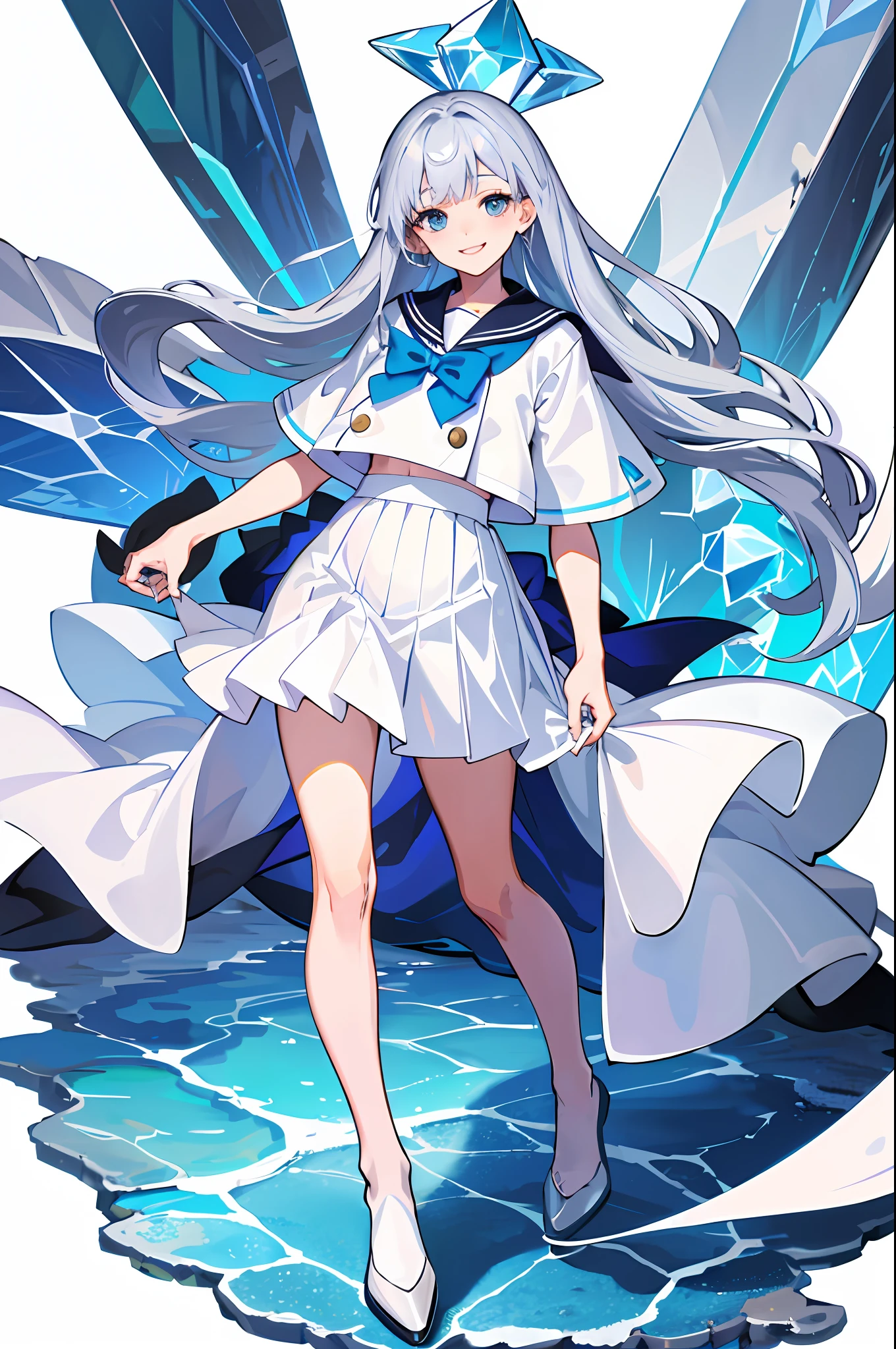 (masterpiece, best quality), 1 woman, solo, full body, white background, flat background, standing, detailed uniform, white skirt, sailor color, sailor suit, gray hair, blue hair, long hair, transparency, smile, crystal, diamond, water
