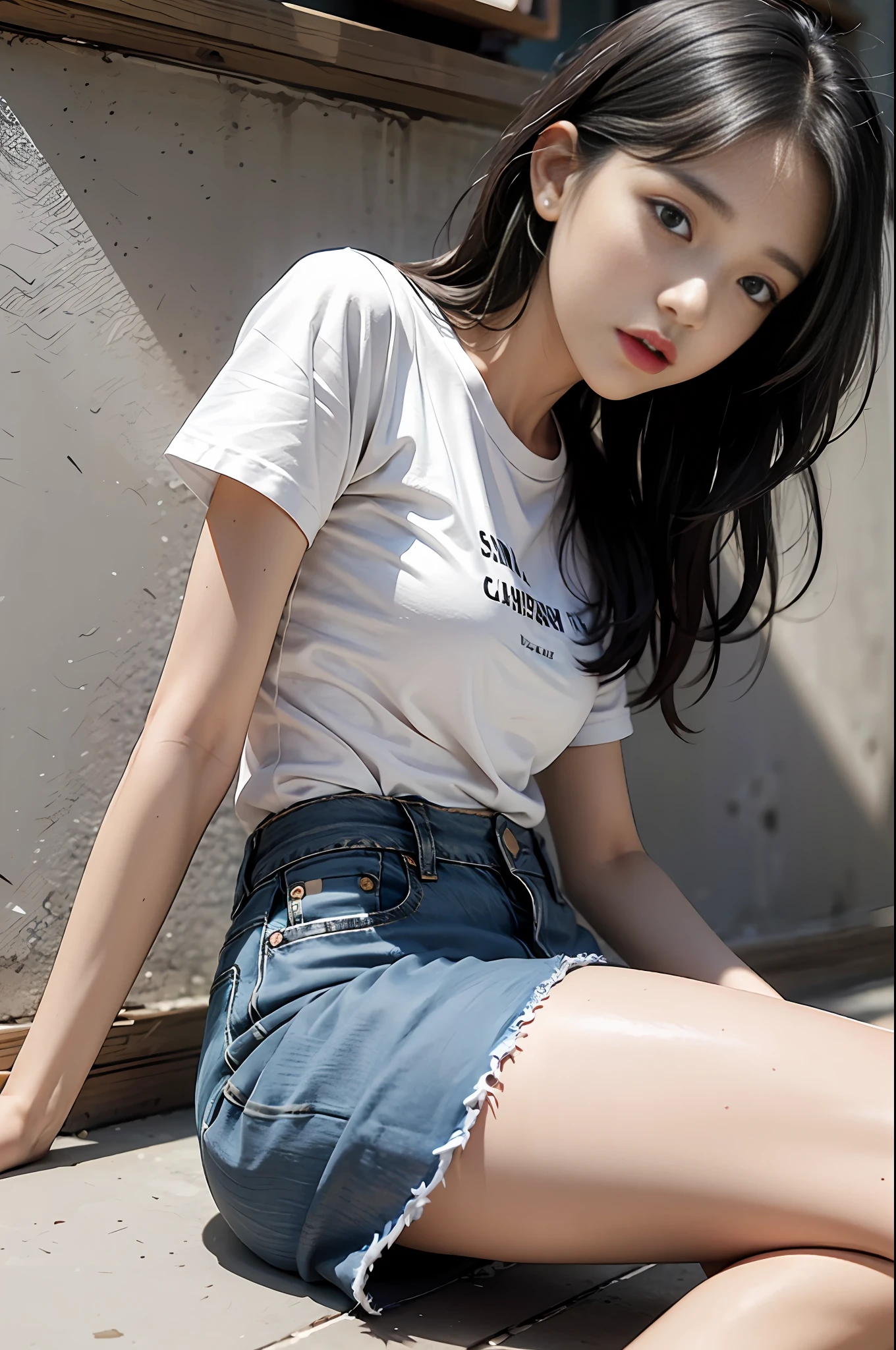 Girl in white shirt and tight denim skirt posing for photo, full body, legs spread, cut t-shirt, bra, slim body, small bust, slim girl model, 24 year old female model, lying on construction site, group of black men watching