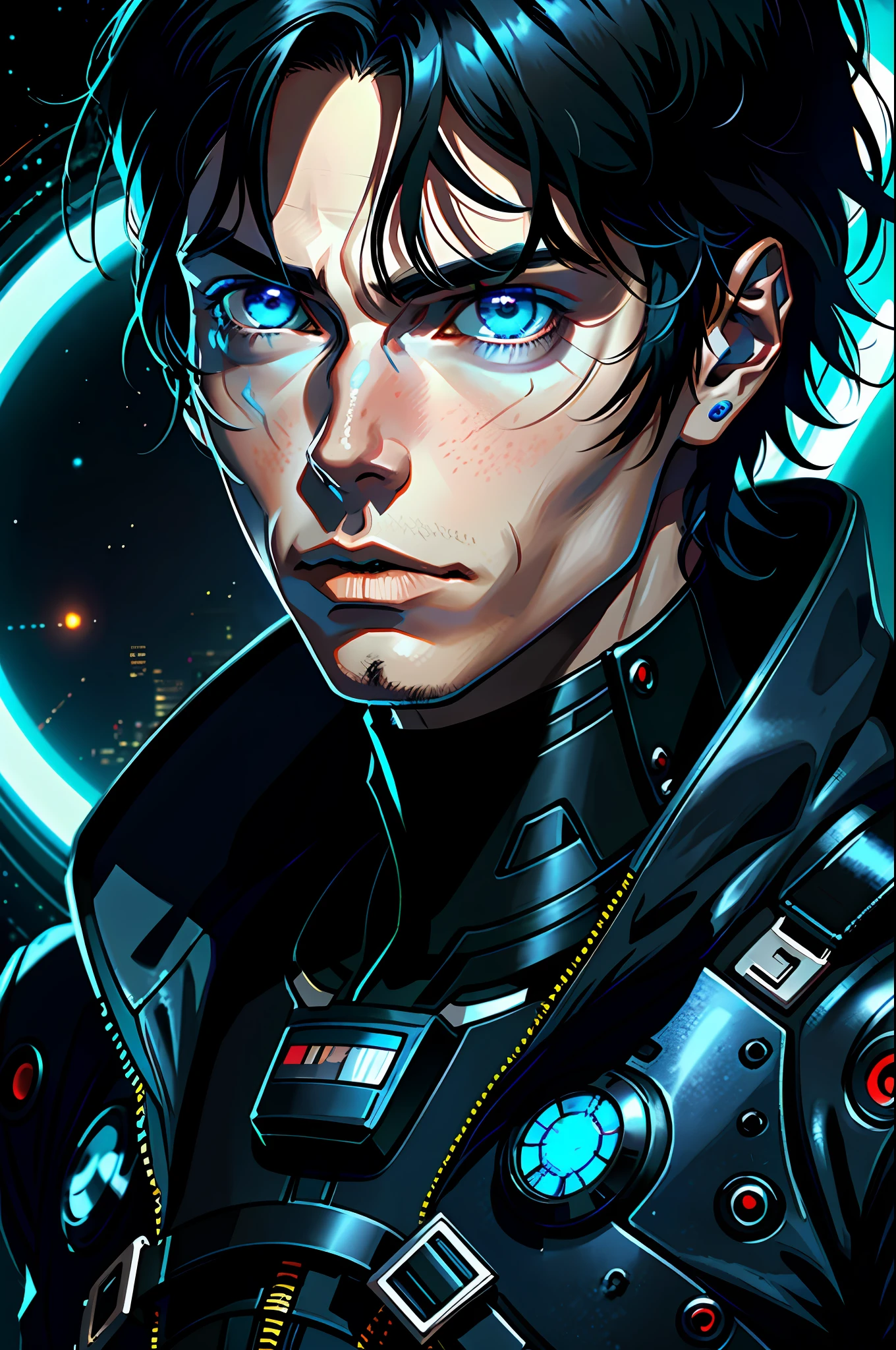 Cyberpunk style, 1 man, black hair, blue eyes, cillian Murphy style, detailed face, up close, space, universe, futuristic style