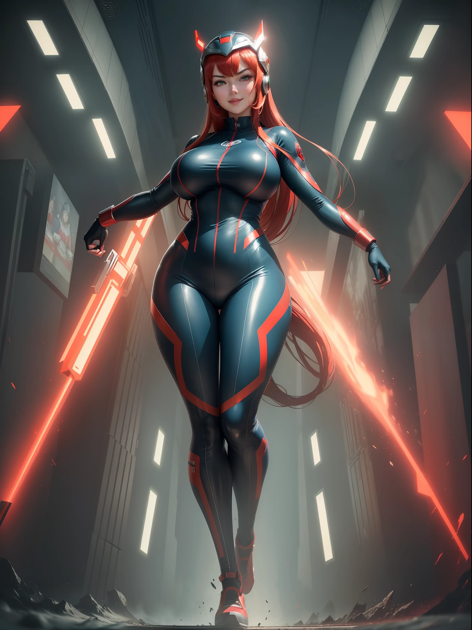 (Full body photo:1.5). ((Laura/giant/Chinese woman, this one standing)), (big breasts:1.2), (Wearing Ultraman costume/extremely tight on body/helmet on head:1.2), she's in a futuristic city in battle pose raining hard at night:1.3), she has (red hair:1.0), (green eyes:1.0), (she's looking at the viewer, smiling, holding futuristic weapons, closed fist:1.2),  anime, framed, symmetry, 16k, best quality, super detail, textured skin, UHD