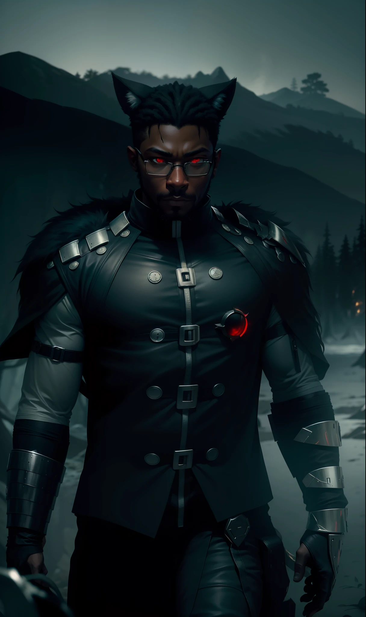 turn this photo into realistic, (black man with wolf ear), (terrifying dark dark forest background), 8k, Ultra HD, realistic, (glasses with black lenses down from the eyes), (red eyes), , armor on the shoulder --auto --s2