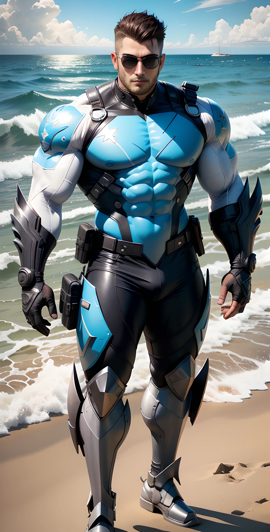 Arad man in white and blue clothes standing by the sunny sea, muscular male hero, conceptual art like Ernest Khalimov, heroic male pose, muscular! Wearing black sunglasses, round head Buzz Cut, cyberpunk, stealth suit, symmetrical floral texture design, super buff and cool, high resolution commission, Chris Redfield, Jigachard muscle, Ernest Khalimov body, character design police, black military boots, charismatic strong male with armor