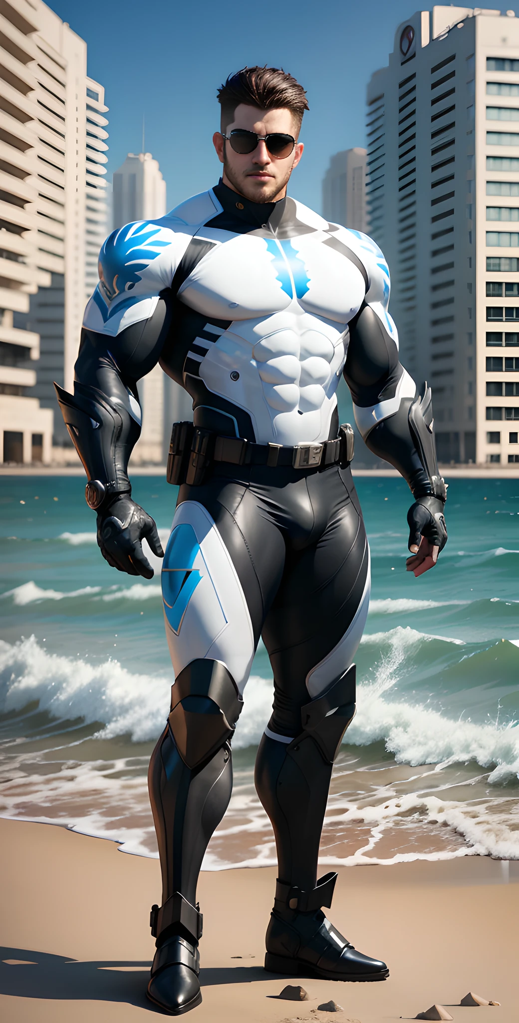 Arad man in white and blue clothes standing by the sunny sea, muscular male hero, conceptual art like Ernest Khalimov, heroic male pose, muscular! Wearing black sunglasses, round head Buzz Cut, cyberpunk, stealth suit, symmetrical floral texture design, super buff and cool, high resolution commission, Chris Redfield, Jigachard muscle, Ernest Khalimov body, character design police, black military boots, charismatic strong male with armor