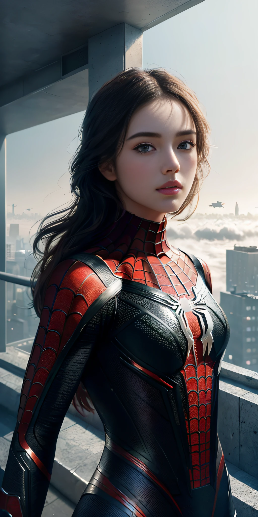 (1girl:1.3), Solo, (((Very detailed face)))), ((Very detailed eyes and face)))), Beautiful detail eyes, Body parts__, Official art, Unified 8k wallpaper, Super detailed, beautiful and beautiful, beautiful, masterpiece, best quality, original, masterpiece, super fine photo, best quality, super high resolution, realistic realism, sunlight, full body portrait, amazing beauty, dynamic pose, delicate face, vibrant eyes, (from the front), She wears Spider-Man suit, red and black color scheme, spider, very detailed city roof background, rooftop, overlooking the city, detailed face, detailed complex busy background, messy, gorgeous, milky white, highly detailed skin, realistic skin details, visible pores, clear focus, volumetric fog, 8k uhd, DSLR, high quality, film grain, fair skin, photo realism, lomography, futuristic dystopian megalopolis, translucent