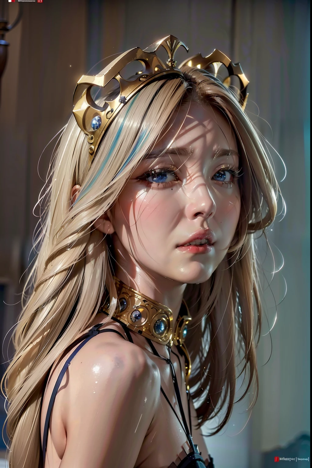 ((Best Quality, 8k, Sharp Focus, 35mm Lens, Masterpiece: 1.2, Cinematic Light, Ultimate Girl, Highly Detailed Facial Textures, Highly Detailed Facial Textures, detailed beauty makeup: 1.2, ultra-detailed skin, detailed bangs)), The background of night the mountain, (iron bikini armor), (iron shoulder armor), (circlet helmet), 27 years old, detailed divine pale blonde hair, long wavy messy hair, wind, light fog, devil's castle, beautiful detailed deep blue eyes, sense of determination Courageous face, final battle, absurdity, from side, high detailed sweat