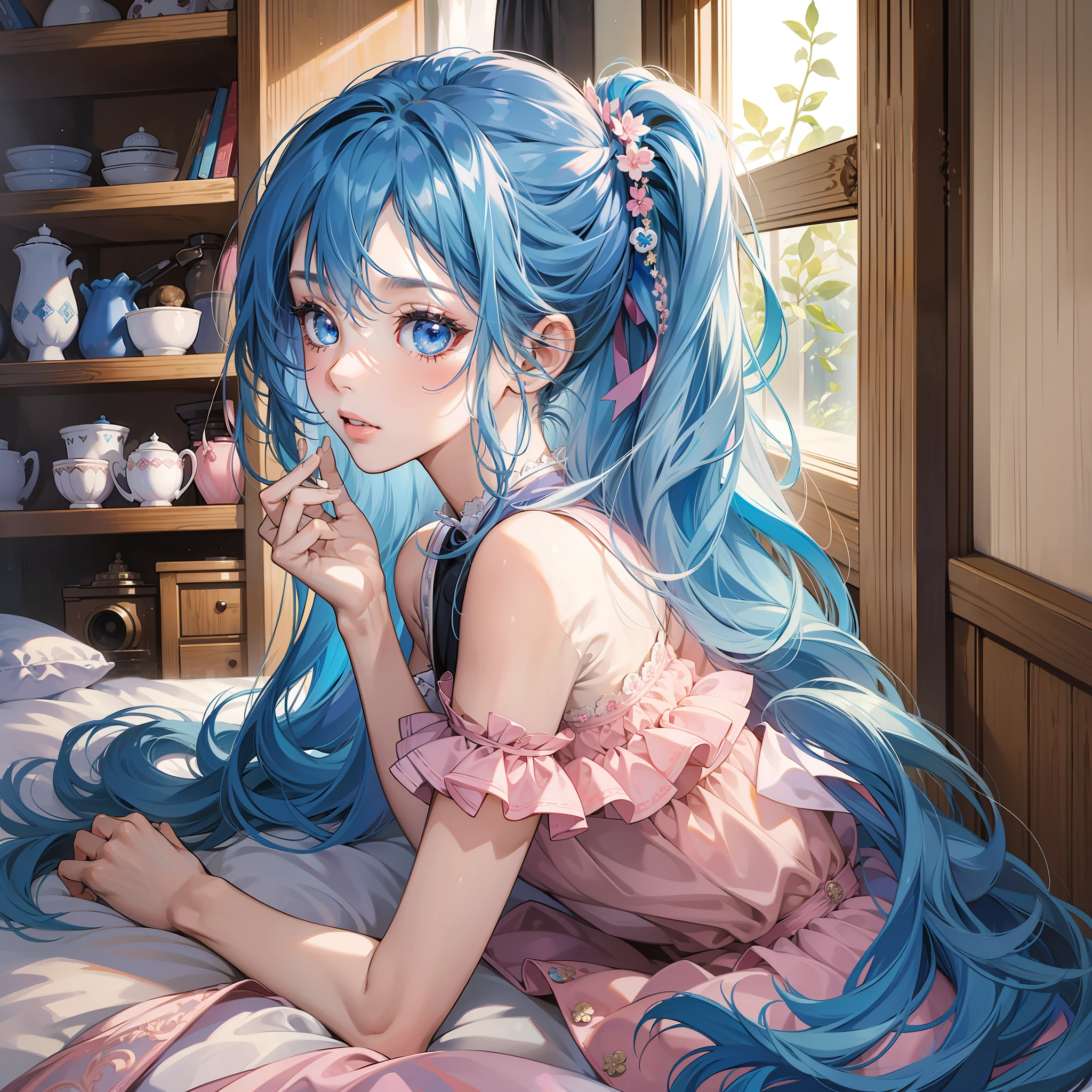 ((masterpiece)), (best quality), (detailed), (1girl), long blue hair, blue eyes, updo, pink dress, excitement, school dormitory, bunk bed