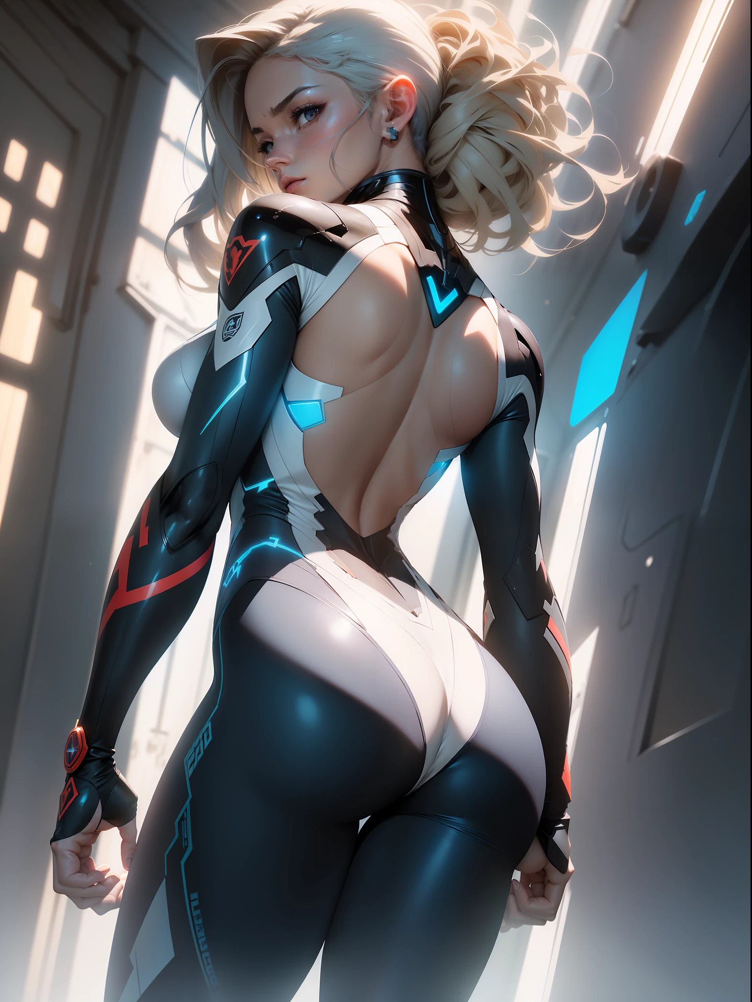 ((Best quality)), ((masterpiece)), (detailed: 1.4), (Absurd), Hot Latina woman fighter pilot ready for war, (((back))), (((perfect ass))), dark skin, (((flash dc comics))), lightning and lightning, sculptural body defined muscle, ((((whole body))), bare half-thick thighs, closed mouth, muscular body covered in technological clothing, Neon Genesis Evangelion style, cyberpunk, generous neckline, ((perfect small breasts)),  (black eyes without pupils), ((totally white clothing with blue rays)), (((short dark blonde hair straight with)))), long and black eyelashes heavy makeup, garter belt, by mucha, niji --V5, close to real, psychopathic, crazy face, sexy pose, red and white background, 2 piece clothing, pastel, centered, scale to fit the dimensions, HDR (High Dynamic Range),Ray Tracing, NVIDIA RTX,Super-Resolution,Unreal 5,Subsurface Dispersion, PBR Texture, Post-processing, Anisotropic filtering, Depth of field, Maximum clarity and sharpness, Multilayer textures, Albedo and specular maps, Surface shading, Accurate simulation of light-material interaction, Perfect proportions, Octane Render, Two-tone lighting, Wide aperture, Low ISO, White balance, Rule of thirds, 8K RAW, crysisnanosuit