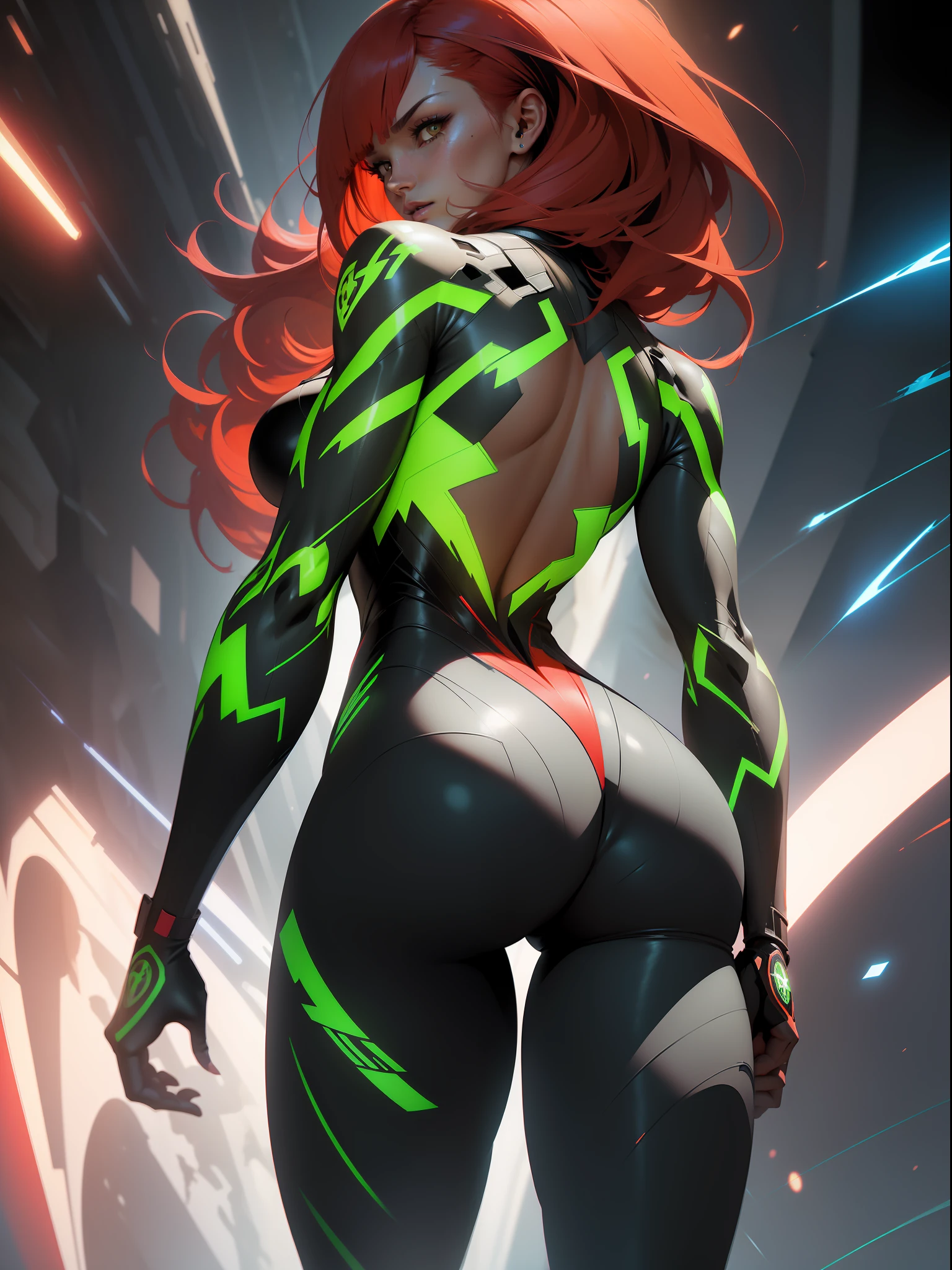 ((Best quality)), ((masterpiece)), (detailed: 1.4), (Absurd), Hot woman fighter pilot ready for war, (((back))), (((perfect ass))), dark skin, (((flash dc comics)))), lightning and lightning, muscular sculptural body defined, (((full body))), half-thick naked thighs, closed mouth, muscular body covered in technological clothing, Neon Genesis Evangelion style, cyberpunk, generous neckline, ((perfect medium breasts)), (black eyes without pupils), ((totally dark green clothing with red rays)), ((((short straight light red hair with heavy bangs on the forehead)))), long and black eyelashes heavy makeup, garter belt, by mucha, niji --V5, close to real, psychopath, crazy face, sexy pose, red and white background, 2 piece clothing, pastel, centered, scale to fit the dimensions, HDR (High Dynamic Range), Ray Tracing,NVIDIA RTX,Super-Resolution,Unreal 5,Subsurface Dispersion, PBR Texture, Post-processing, Anisotropic Filtering, Depth of Field, Maximum Clarity and Sharpness, Multilayer Textures, Albedo and Specular Maps, Surface Shading, Accurate Simulation of Light-Material Interaction, Perfect Proportions, Octane Render, Two-Tone Lighting, Wide Aperture, Low ISO, White Balance, Rule of Thirds, 8K RAW, Crysisnanosuit