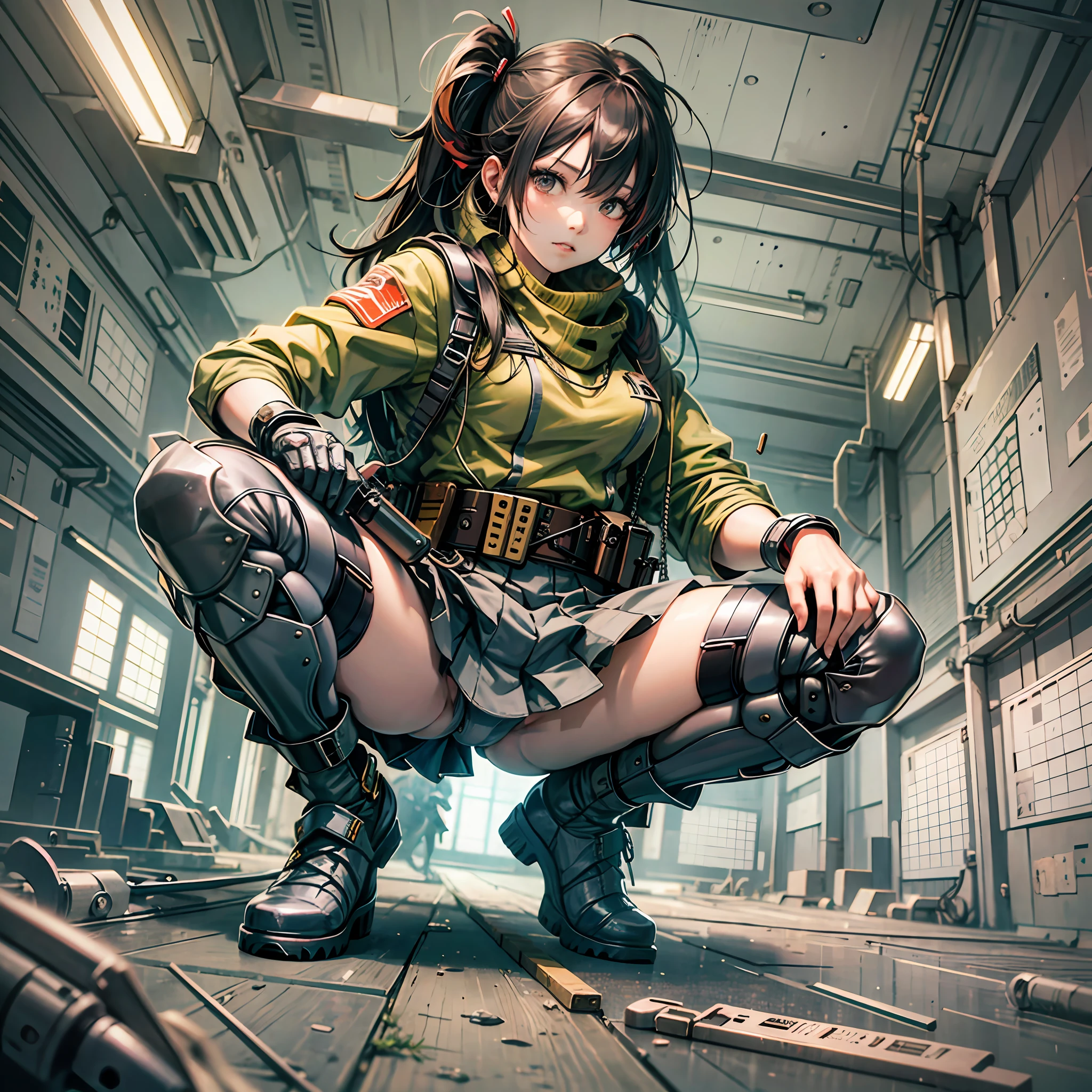 Japanese anime style. woman. she is an army soldier. She crouches and holds her gun. mini skirt. Spread her legs. from below. --auto --s2