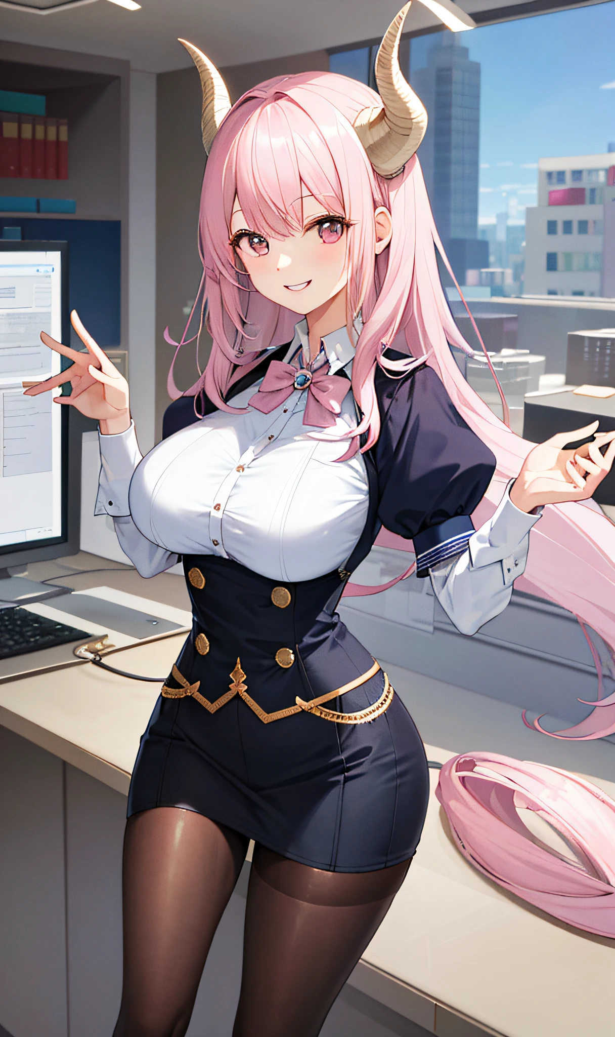 ((Masterpiece, Best Quality)), (1 person), (()), Pale Pink Hair, Hello, Horn, (OL)), Bangs, Medium, (Breast Augmentation), Slim, Smile, [Wide Hips], Office, Standing, There \ (Blue Archive)