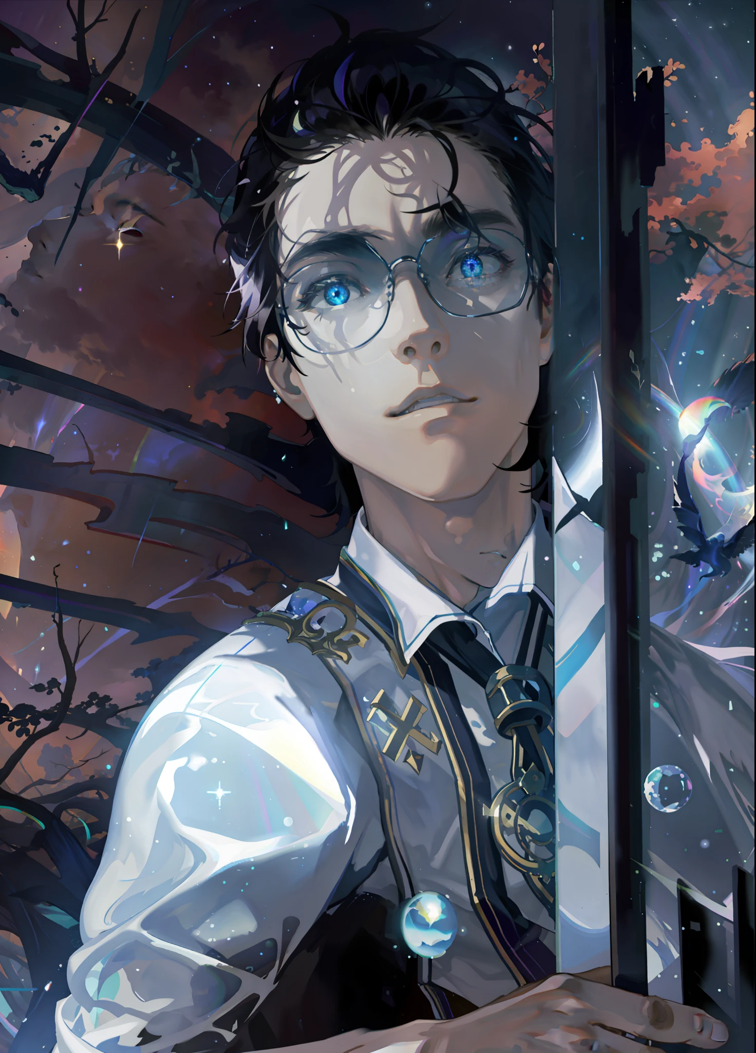 masterpiece, best quality, 1 male, adult, mature, tall muscular guy, Dark theme, Magic circle, bubble, rainbow Sunlight, Underwater, Reflected mirror, floating piece of Glass, Rainbow light, Bubble Swirling, wind Swirling, Aurora, fantasy scenery, Starlight around the character, (upper body)