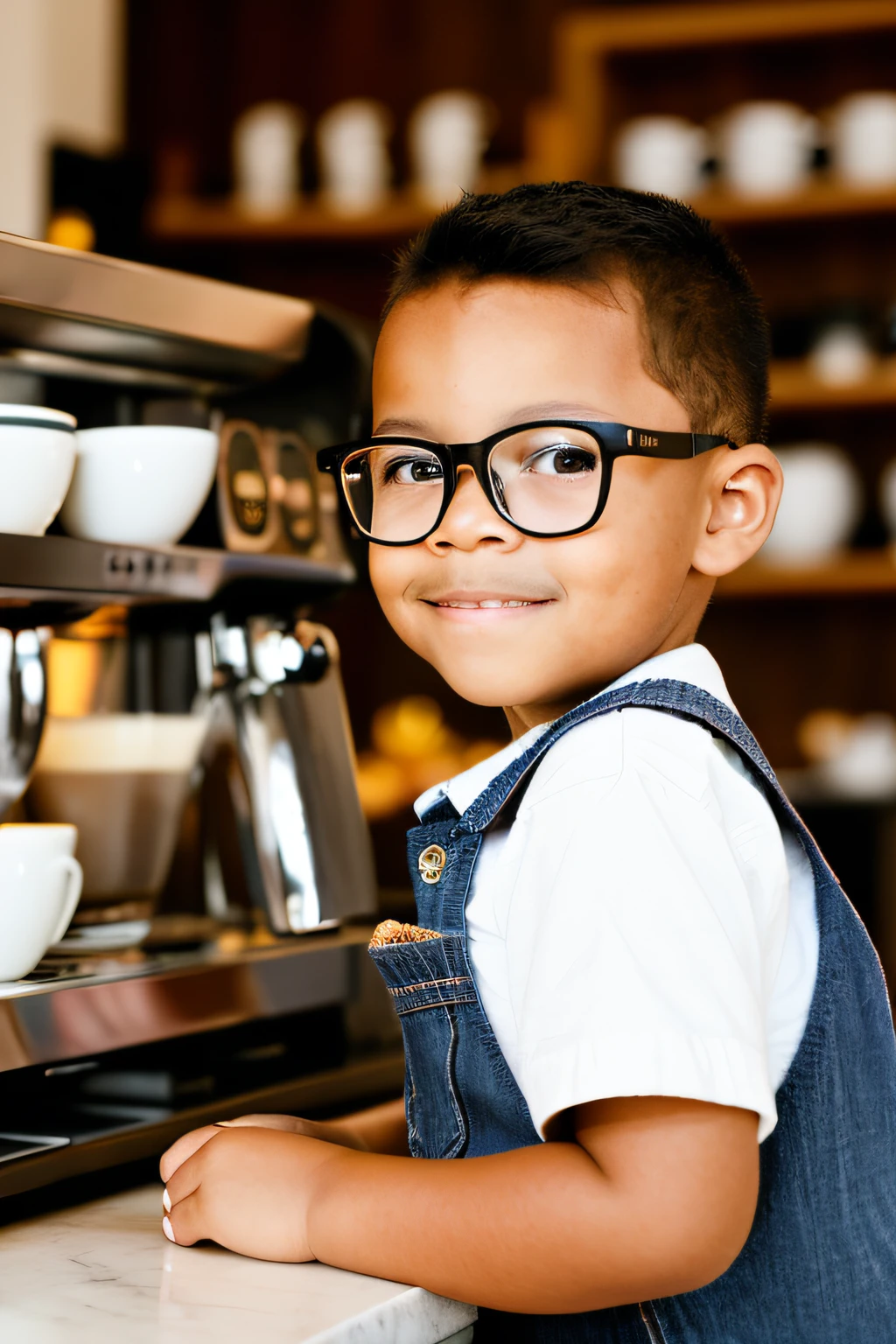 guttonerdvision3, "Professional photograph, artistic composition, (golden hour), enchanting portrait of a 3--old , wearing glasses, sitting in a café. The sunlight, in its warm embrace, casts a mesmerizing glow on the scene, creating a magical atmosphere. The artist, Alex Ross, captures every intricate detail of the boy's face and skin, while the café ambiance with its espresso machine, cups, and French presses adds an authentic touch."