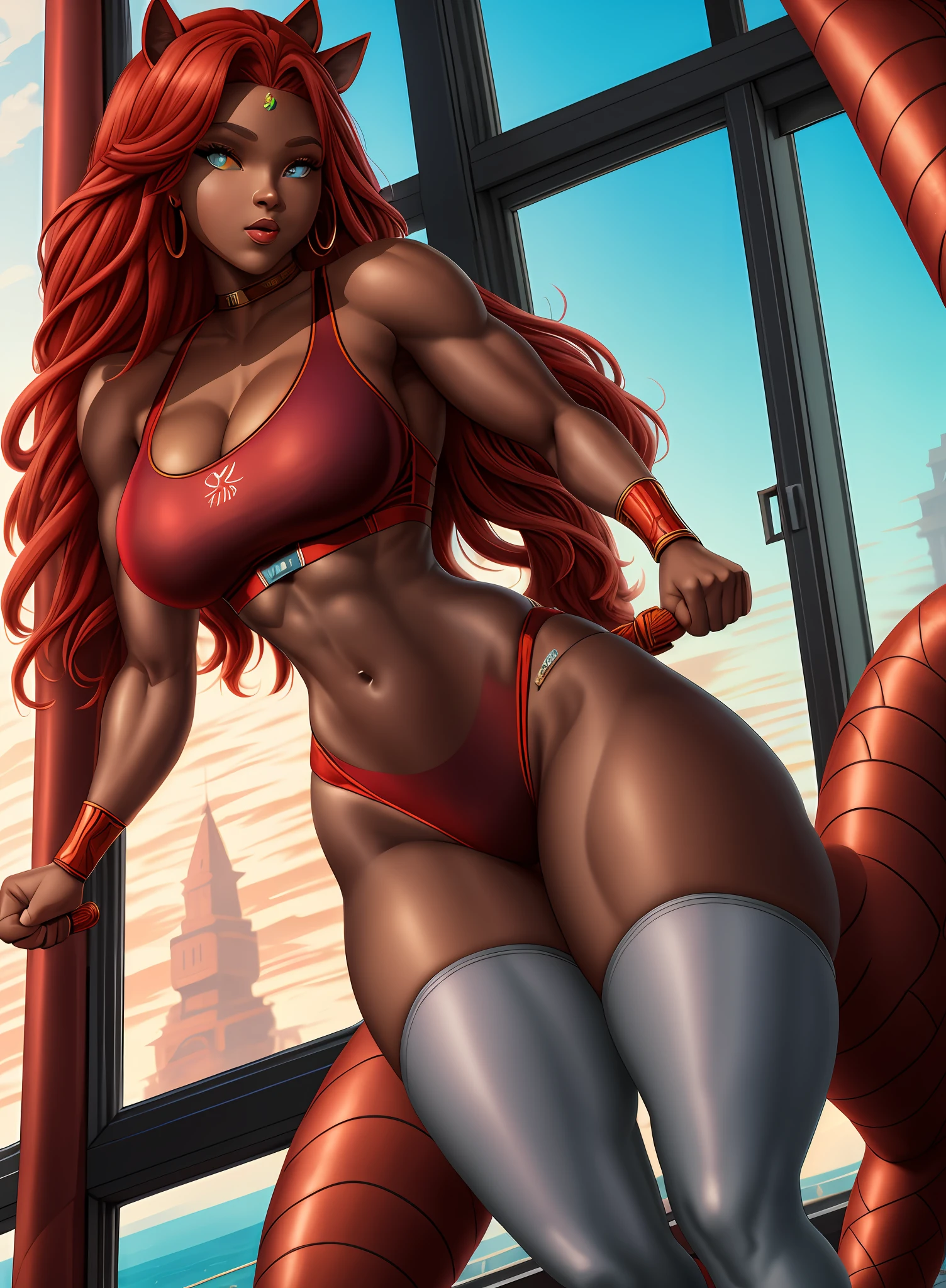a african goddess standing on top of a balcony next to a window, a picture, tumblr, beautiful thick female wearing a red beach swimsuit, 🐎🍑, thick lips, bent over, fit pic, very wow, on a gray background, thick tail, in the background, extremely close shot, smooth in _ the background, brilliantly colored, very close shot, working out