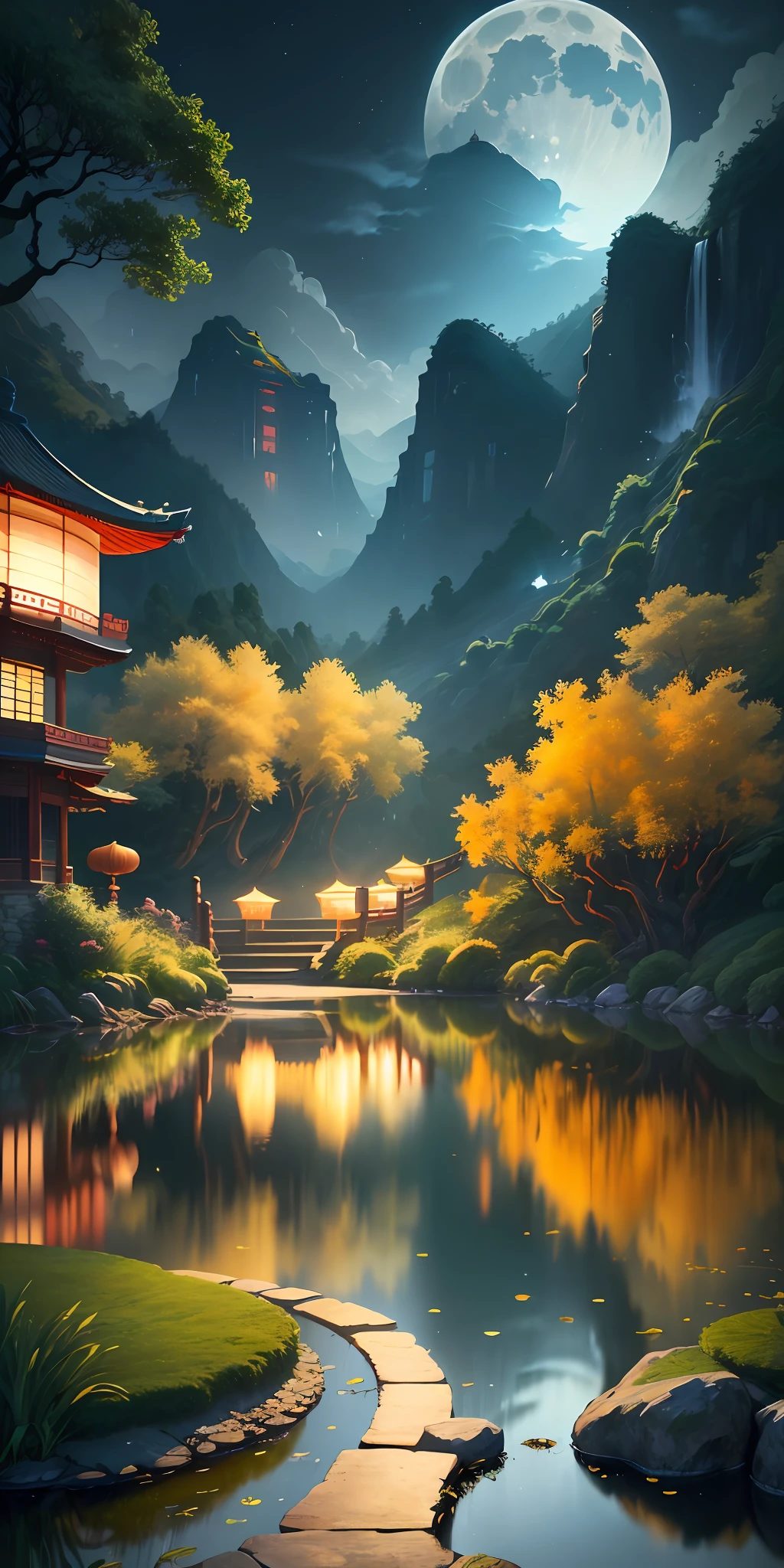 Chinese Painting Illustration 1.0 style, the best quality and the most exquisite picture quality 8K-CG, presenting Chinese style, floating islands, waterfalls, moon, flowing water, green mountains, night scenes, ancient pavilions, lotus pond moonlight and forest details are brought to life, presented with epic composition and dynamic lighting.