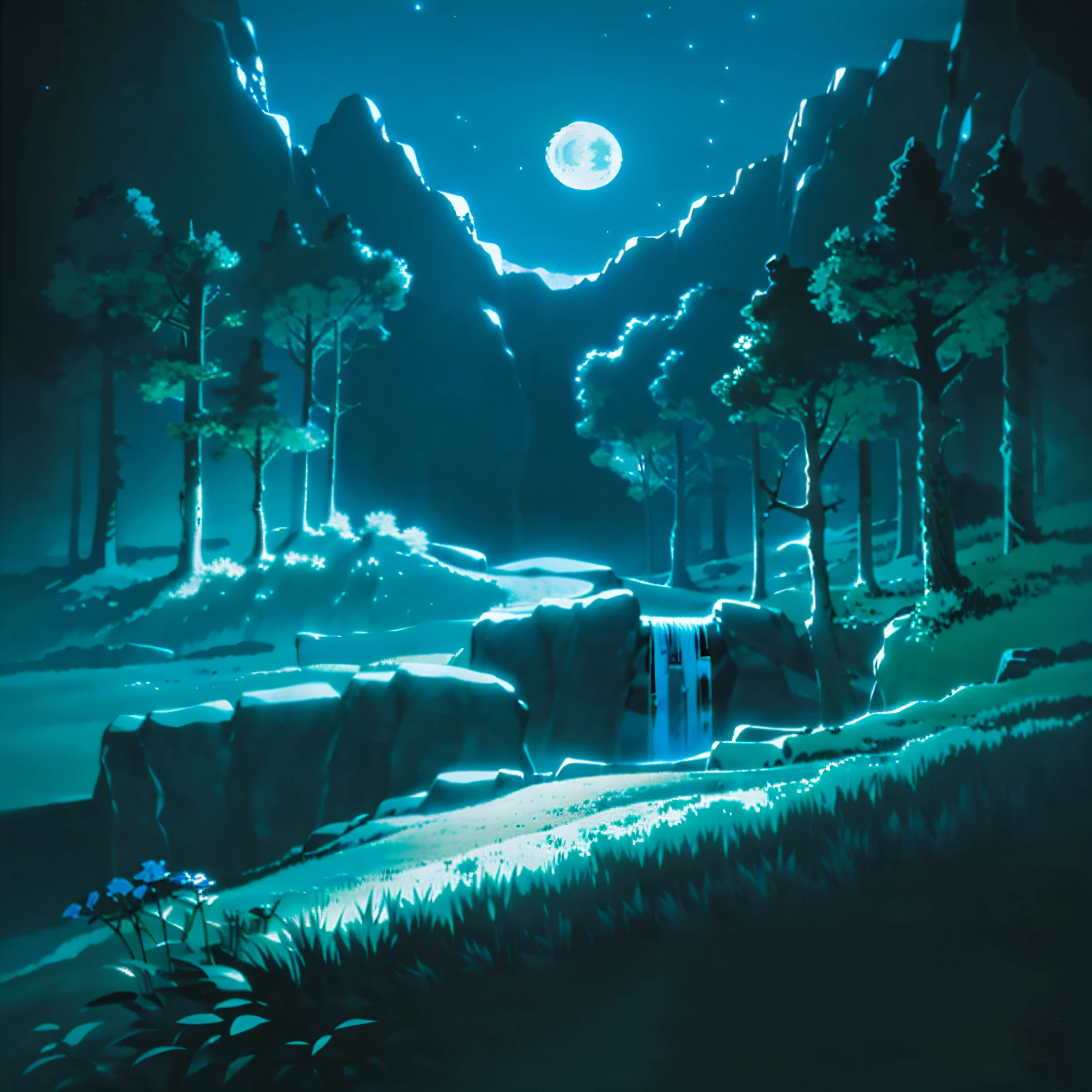 Night landscape painting, moon, mountains, woods, waterfalls, streams