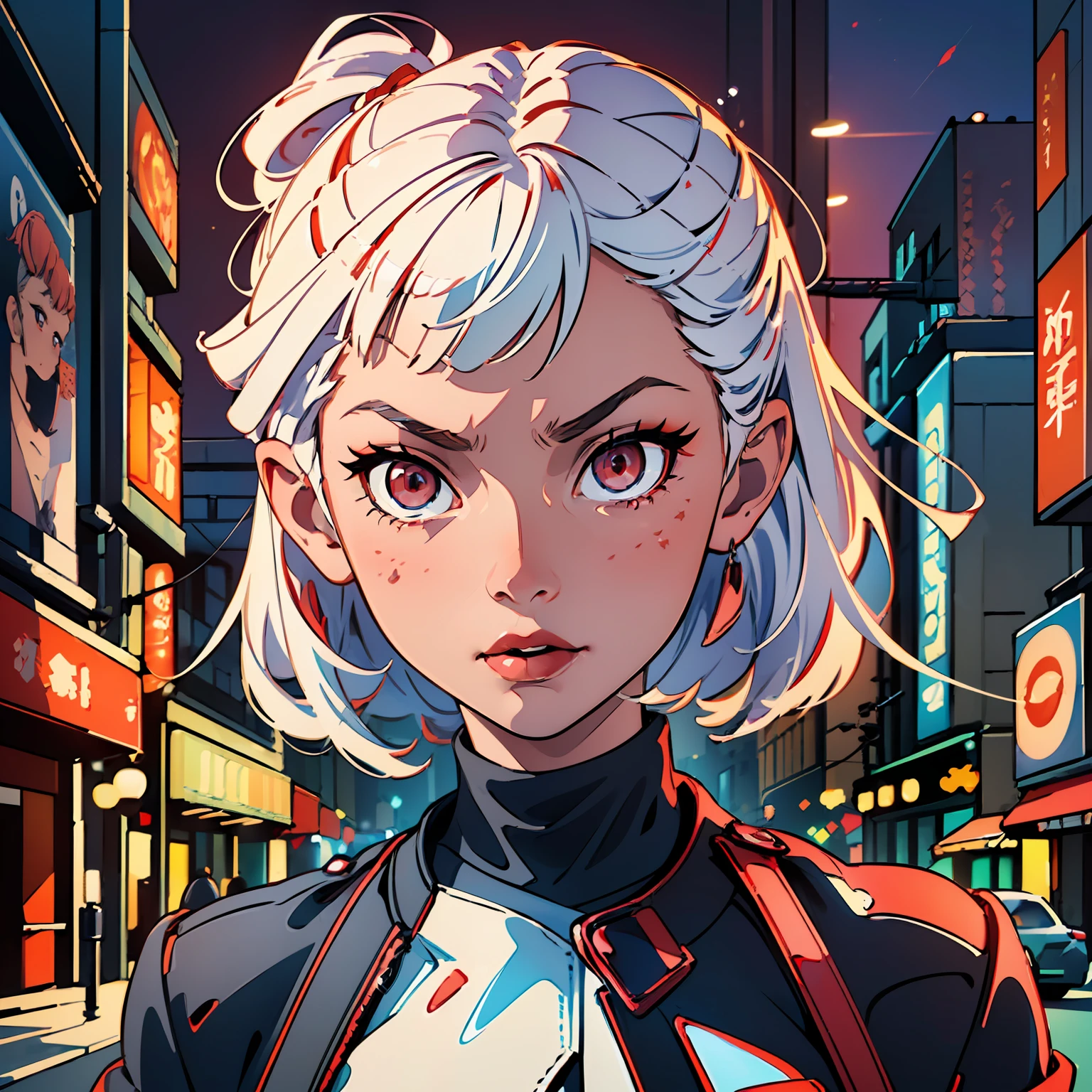 (artwork:1.3), (masterpiece:1.4), (detailed eyes:1.2), (perfect face), (cinema lighting), artistic tones, (illustrative cinematic), (pop art), (1girl) short white hair, (shimmering red detailed eyes:1.4)0.7], fair skin wearing black jacket, face facing the viewer, serious, neutral, imposing expression, gothic background, of city ​​at night, lights dim, dim, tender