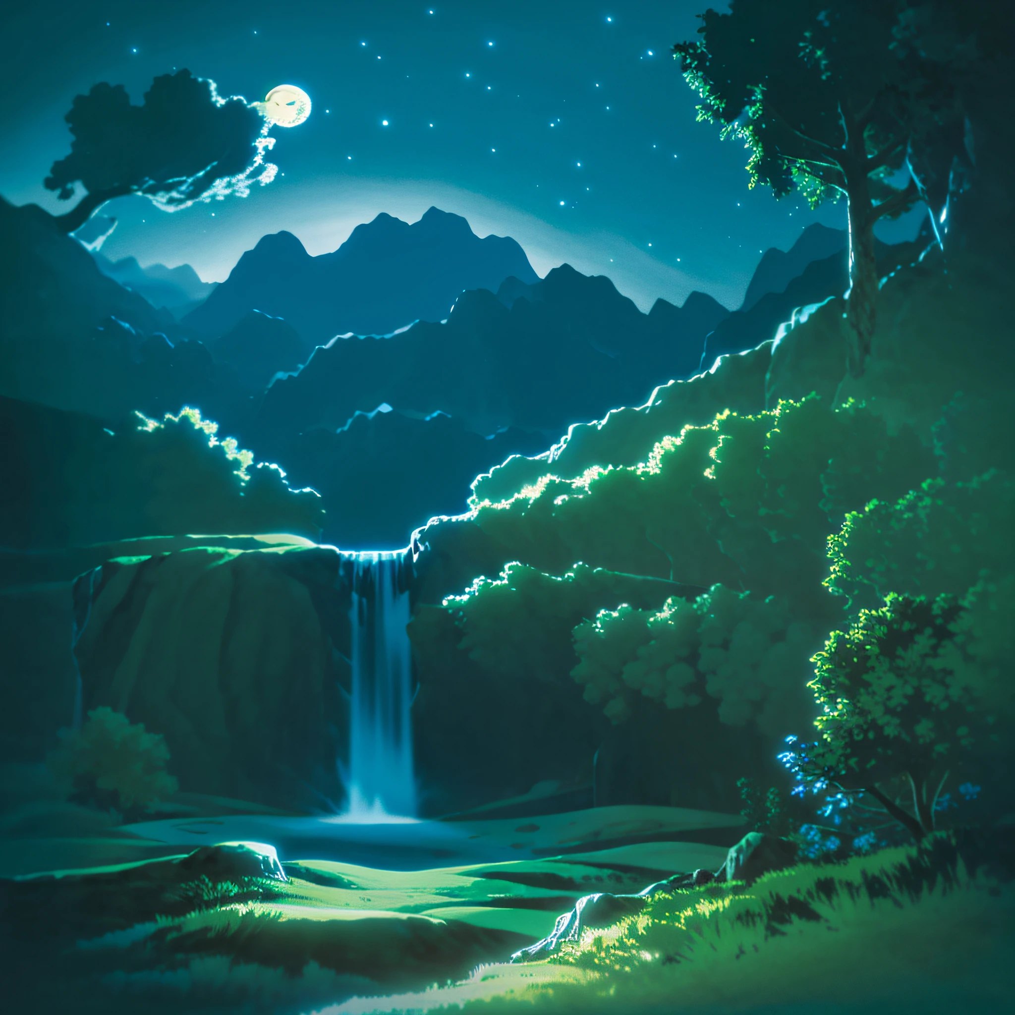 Night landscape painting, moon, mountains, woods, waterfalls, streams