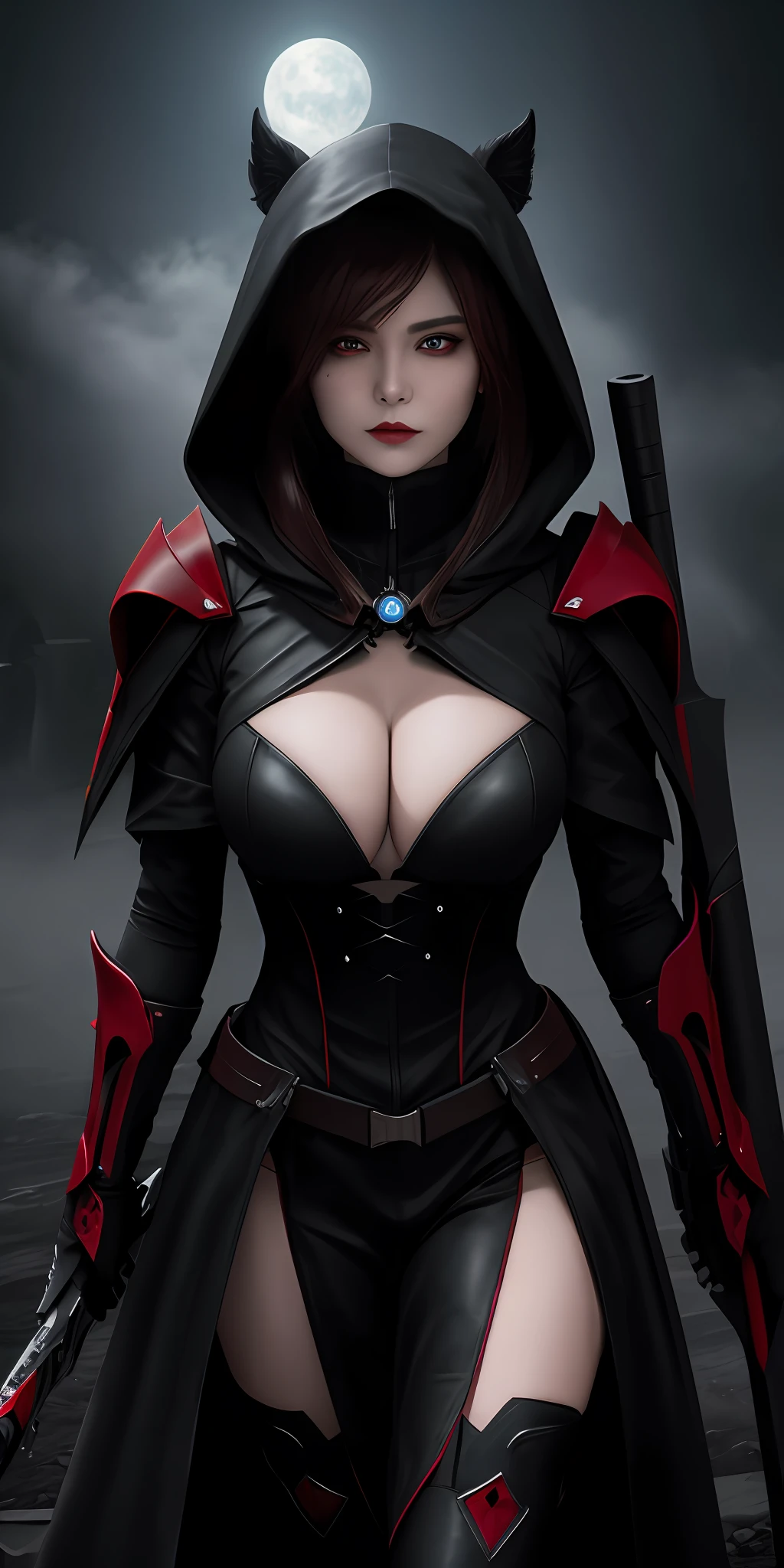 (16k, masterpiece, best quality), ultra-detailed, detailed beautiful round eyes, beautifully detailed face, high quality, high resolution, perfect anatomy, (good anatomy), (a reaper came from the fog), in the darkness of the night, darkness, reaper hood, angry, red pupil, evil face, (graveyard background), varied pose, huge breast, looking into the distance, reaper, holding ((schyte)), schyte weapon, dark aura, schyte on shoulder